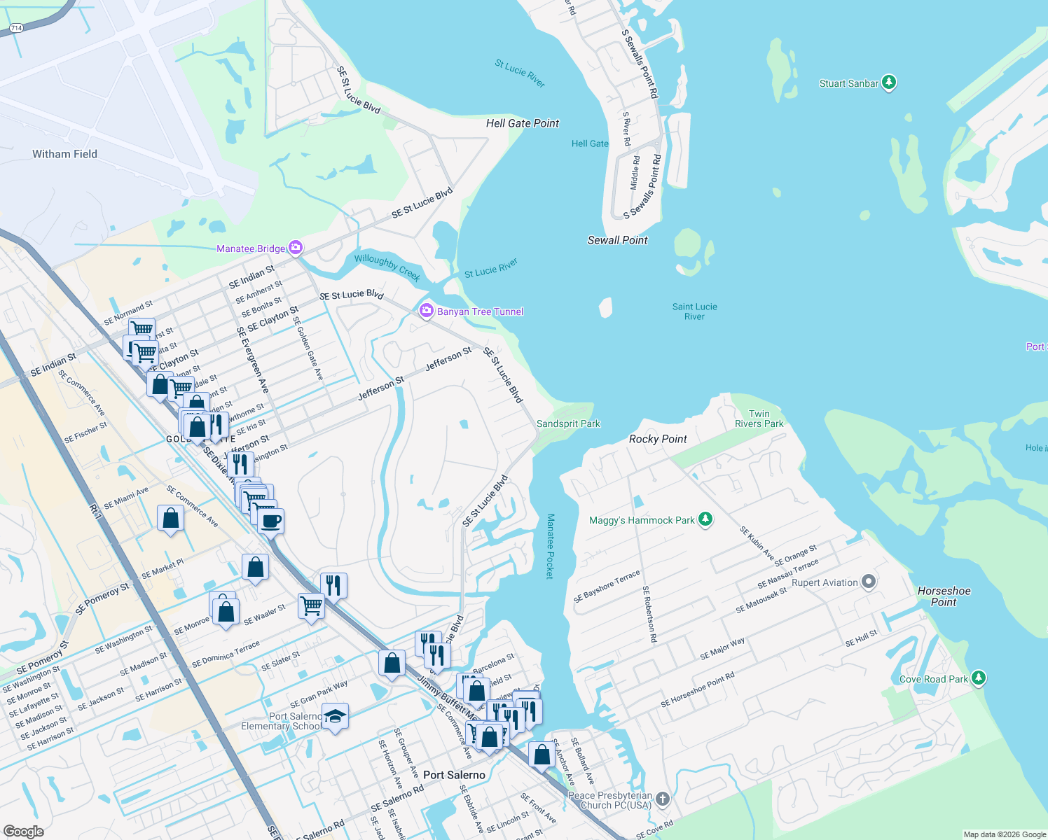 map of restaurants, bars, coffee shops, grocery stores, and more near 3370 Southeast Saint Lucie Boulevard in Stuart