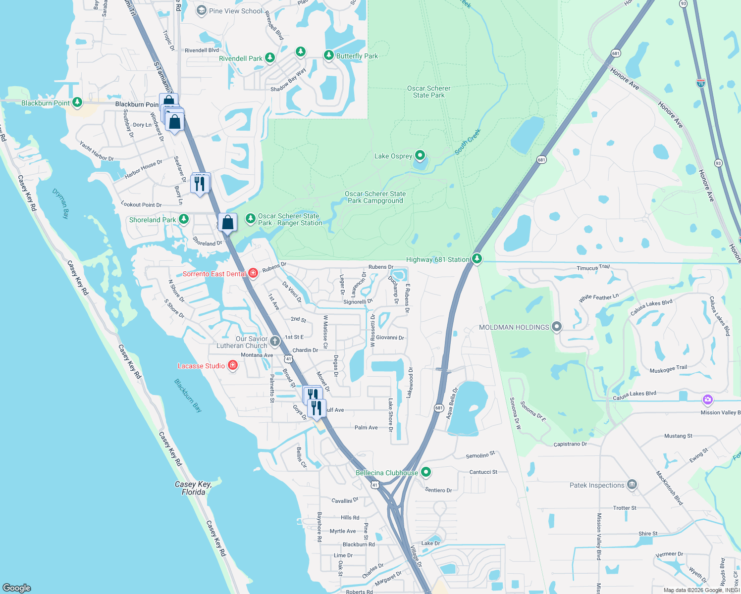 map of restaurants, bars, coffee shops, grocery stores, and more near 407 Signorelli Drive in Nokomis