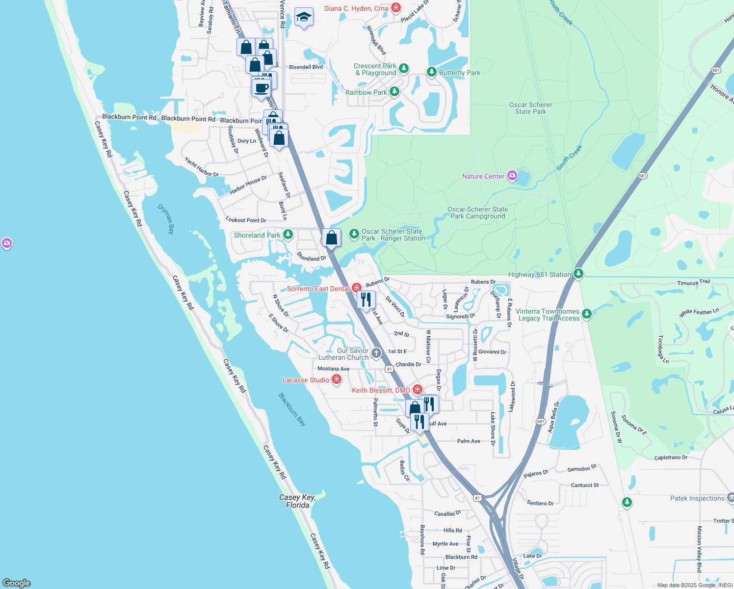 map of restaurants, bars, coffee shops, grocery stores, and more near 108 Rubens Drive in Nokomis
