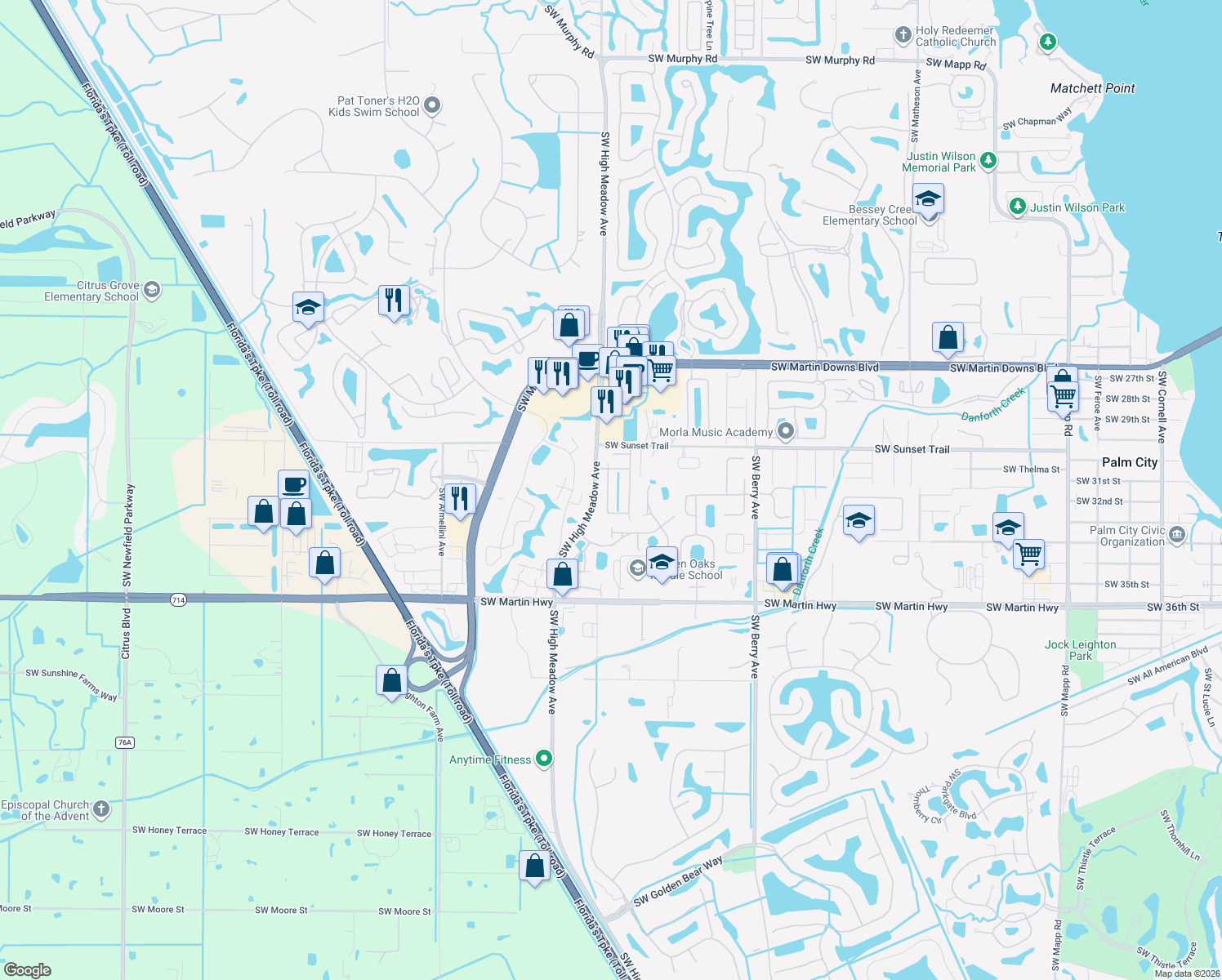 map of restaurants, bars, coffee shops, grocery stores, and more near 3157 Alexander Court in Palm City