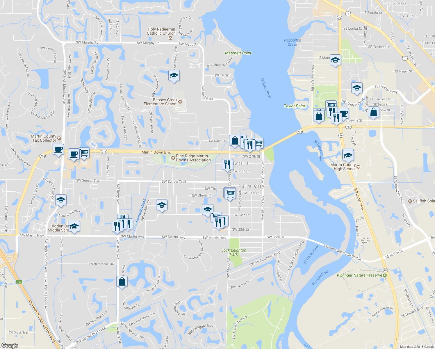 map of restaurants, bars, coffee shops, grocery stores, and more near 1325 Southwest 29th Street in Palm City
