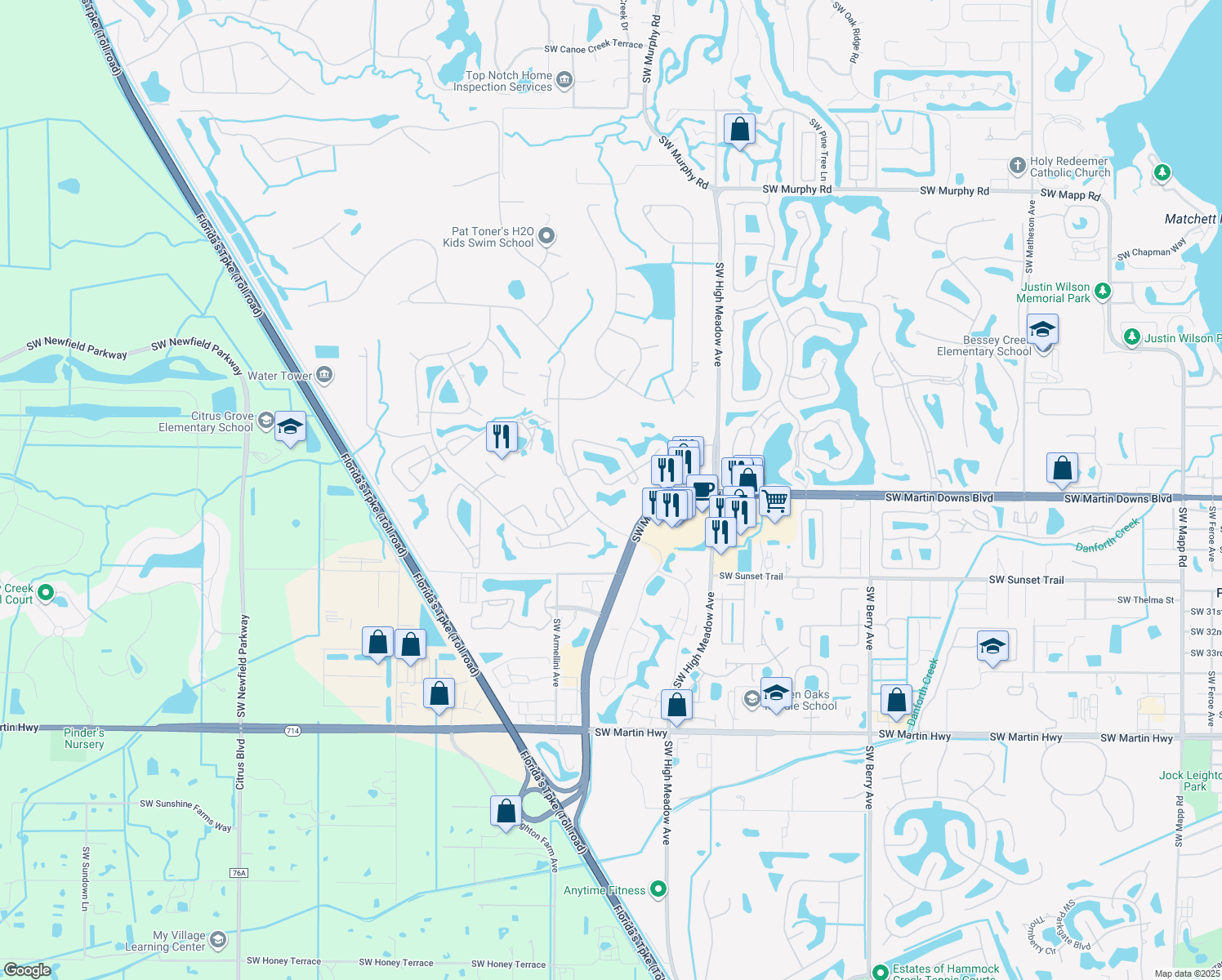 map of restaurants, bars, coffee shops, grocery stores, and more near 3402 Southwest Bobalink Way in Palm City