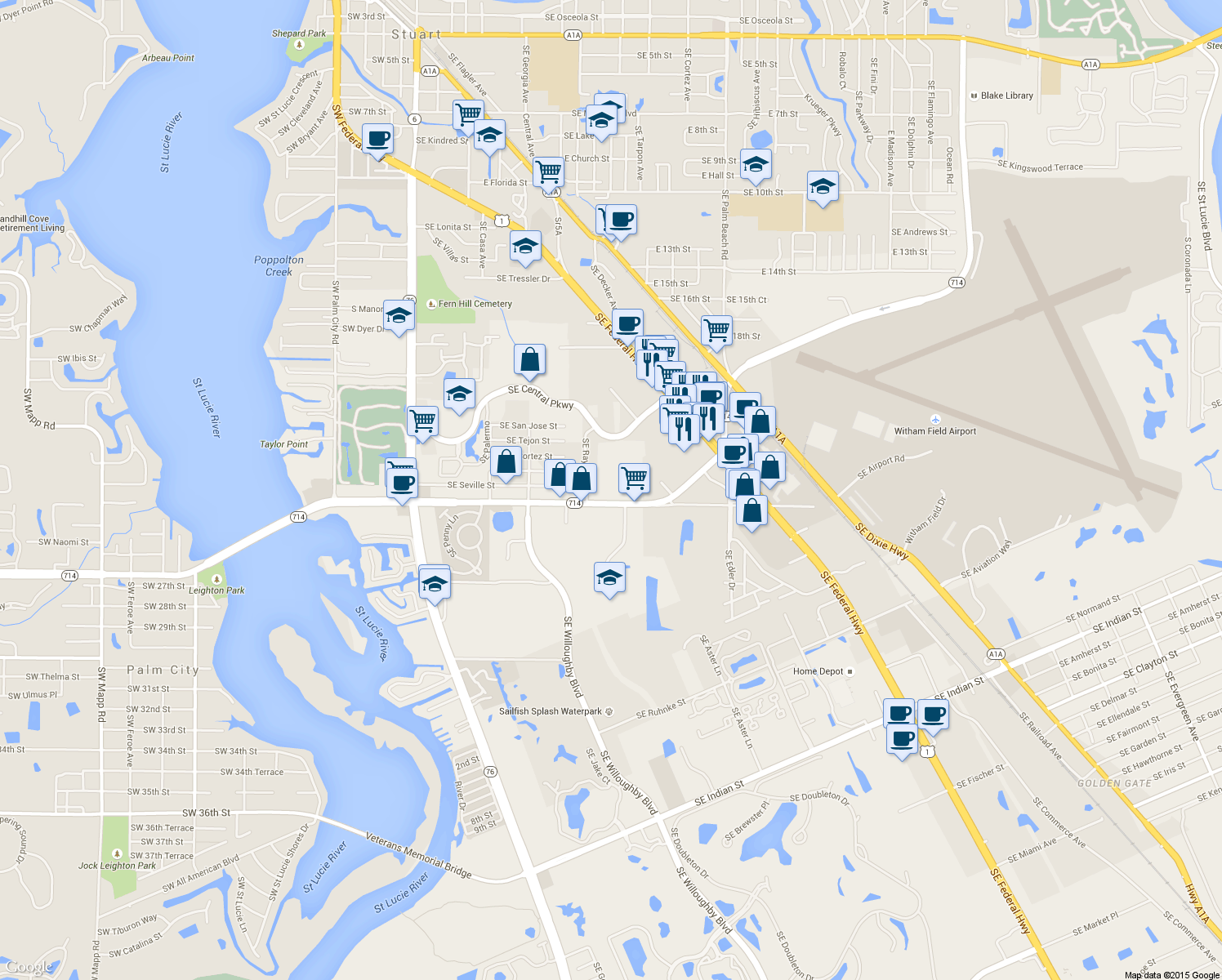 map of restaurants, bars, coffee shops, grocery stores, and more near 745 Southeast Monterey Road in Stuart