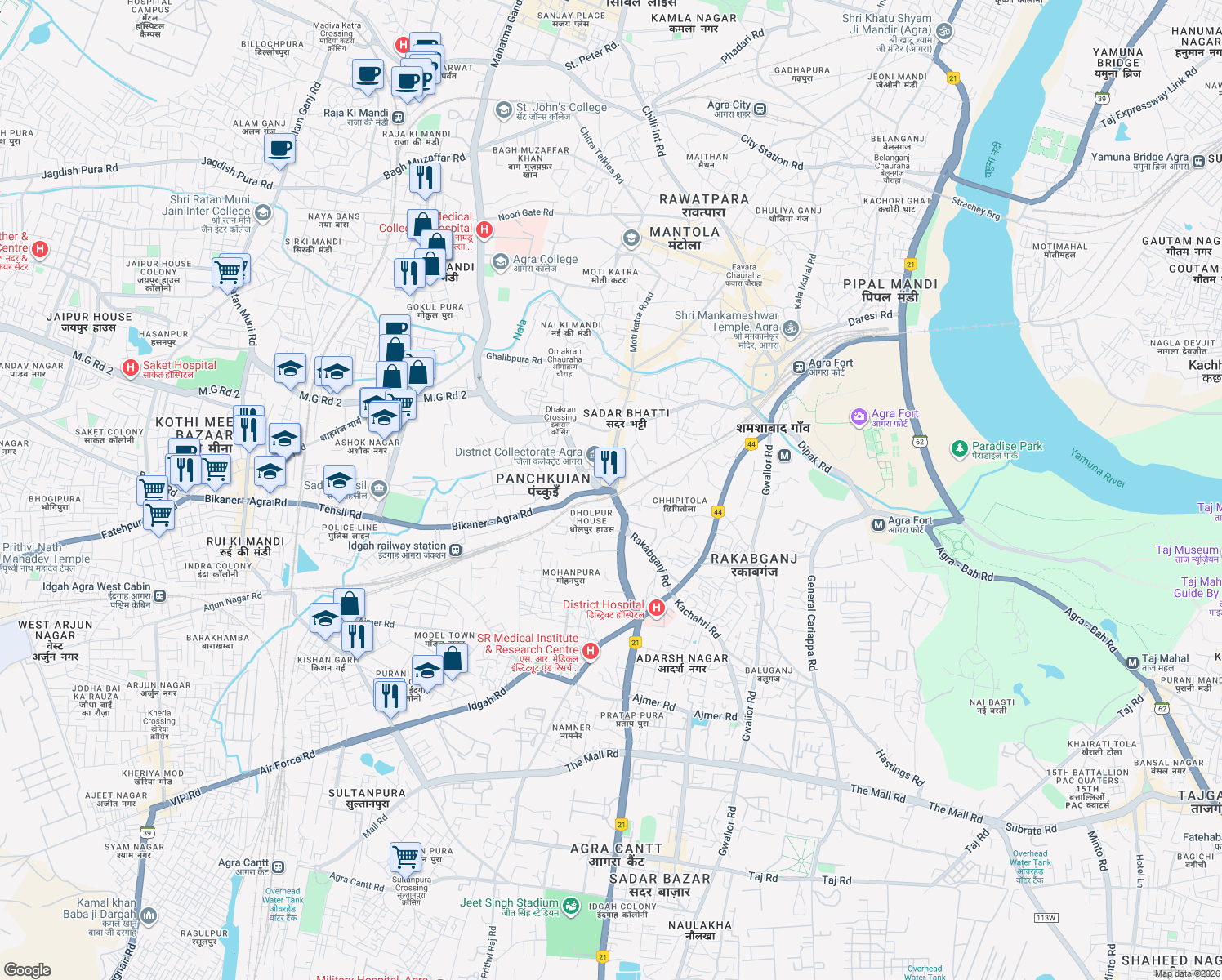 map of restaurants, bars, coffee shops, grocery stores, and more near in Agra