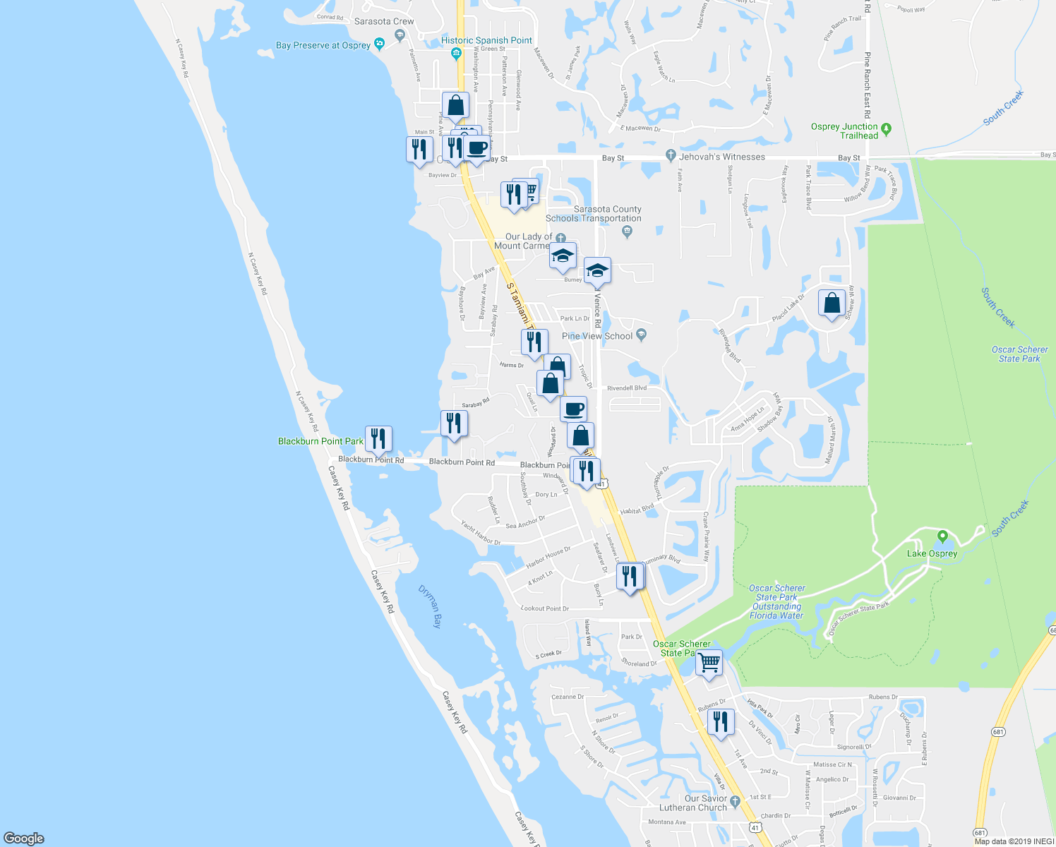 map of restaurants, bars, coffee shops, grocery stores, and more near 700 Pine Run Drive in Osprey