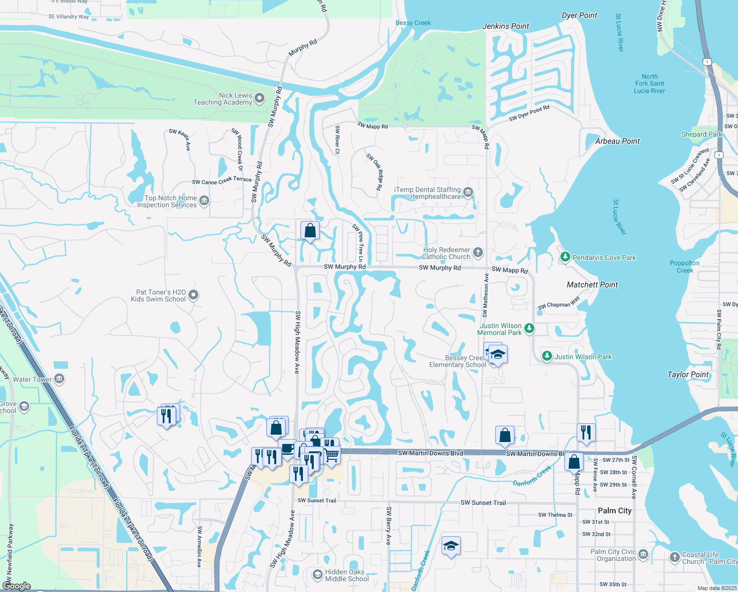 map of restaurants, bars, coffee shops, grocery stores, and more near 1548 Southwest Monarch Club Drive in Palm City