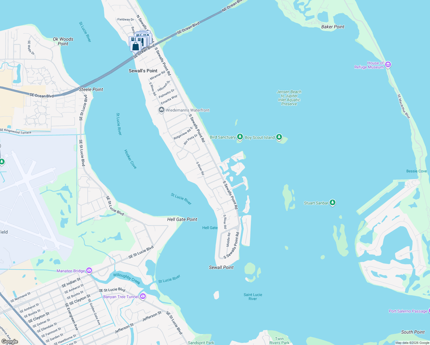 map of restaurants, bars, coffee shops, grocery stores, and more near 3 Kingston Court in Stuart