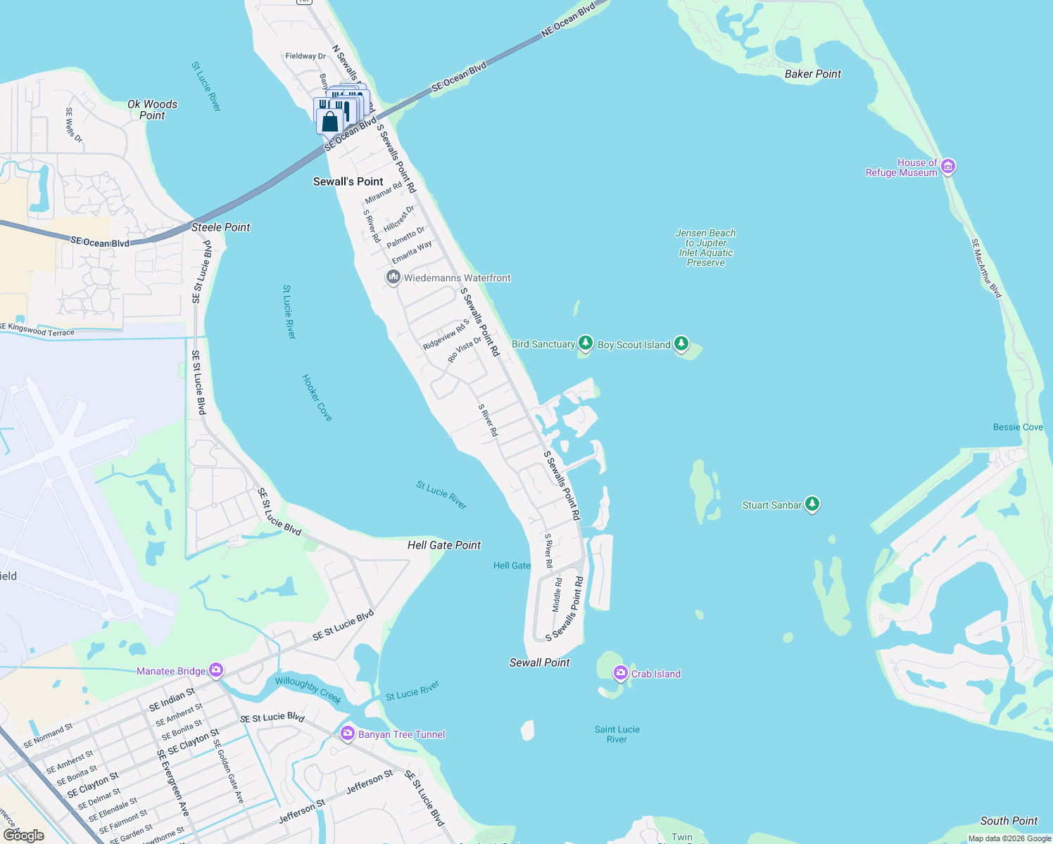 map of restaurants, bars, coffee shops, grocery stores, and more near 123 South Sewalls Point Road in Stuart