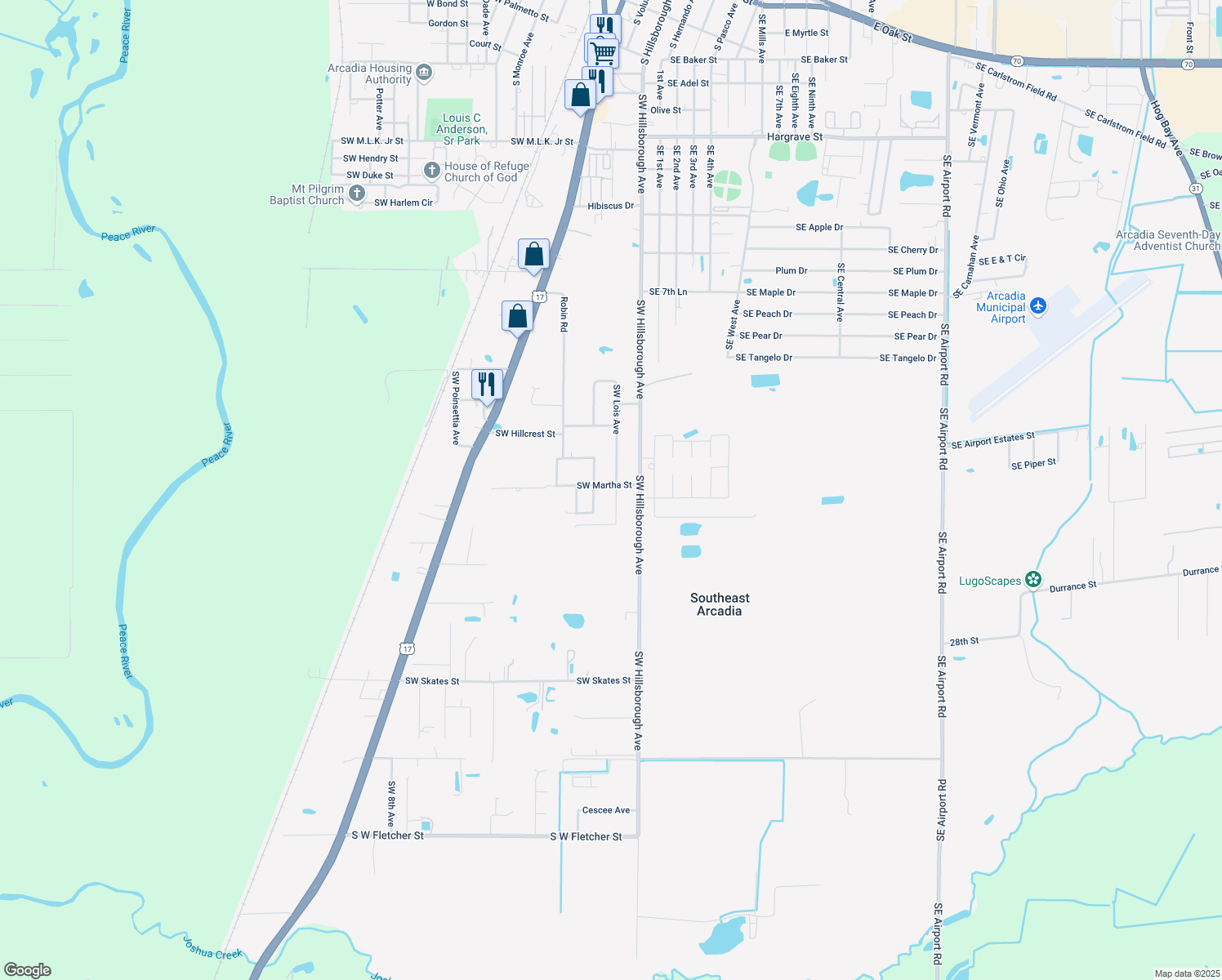 map of restaurants, bars, coffee shops, grocery stores, and more near 1097 Southwest Martha Street in Arcadia
