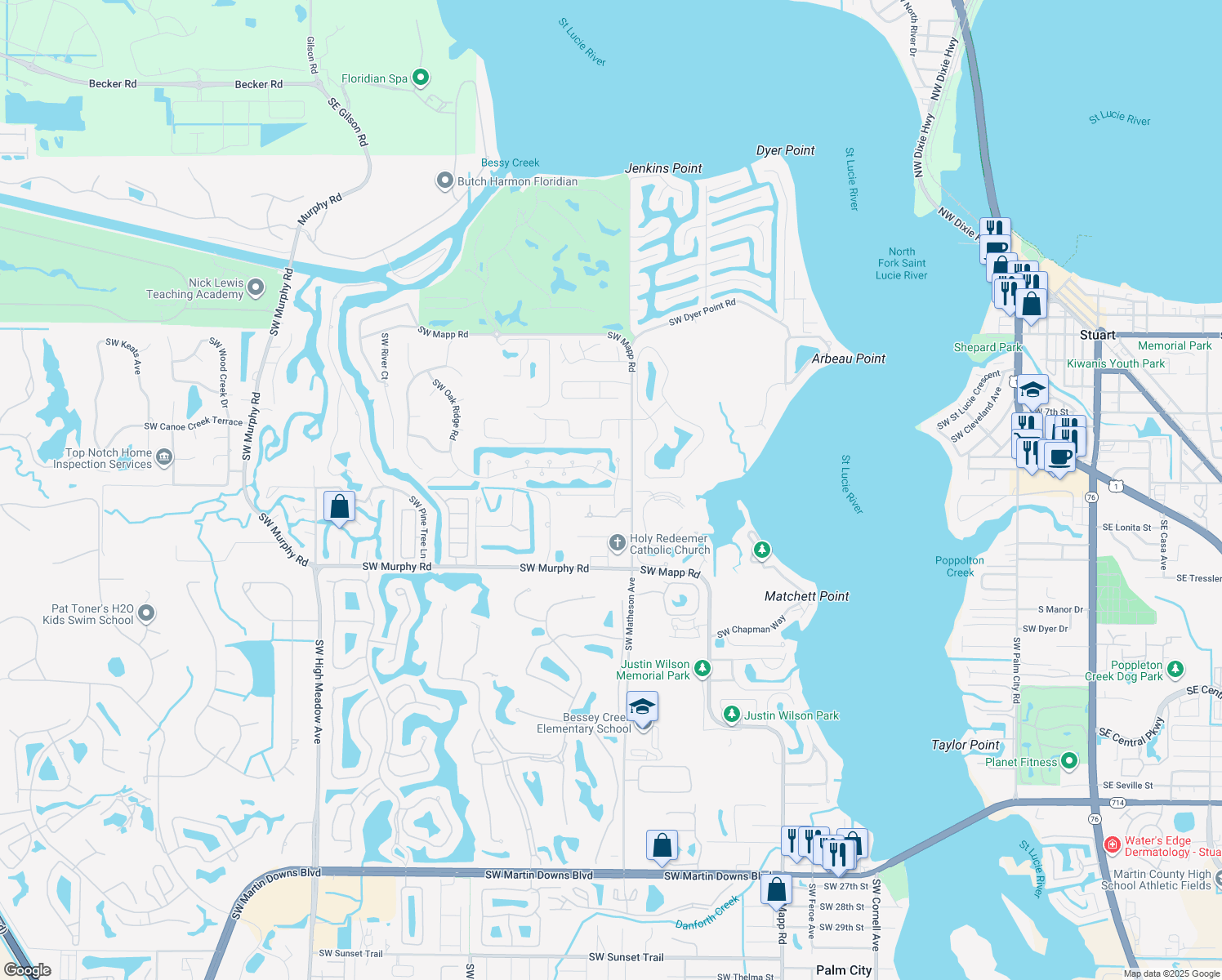 map of restaurants, bars, coffee shops, grocery stores, and more near 1182 Southwest Sundew Court in Palm City