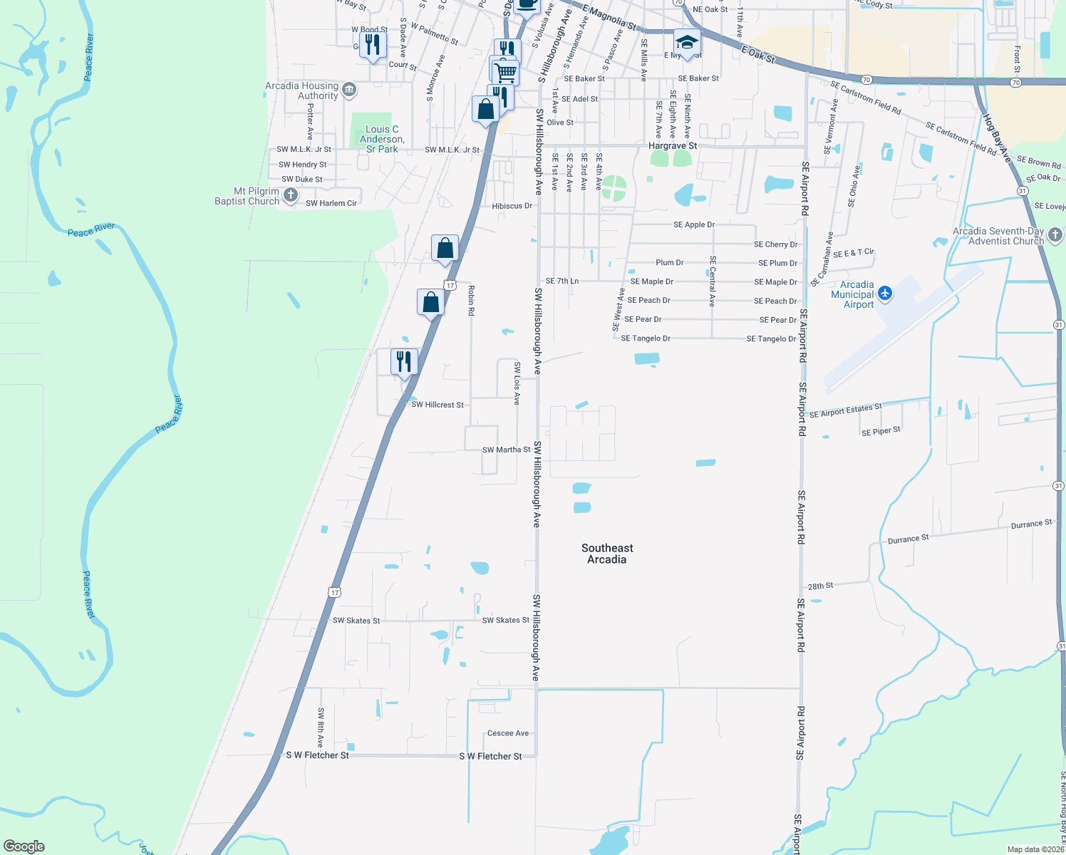 map of restaurants, bars, coffee shops, grocery stores, and more near 2299 Southeast Hillsborough Avenue in Arcadia