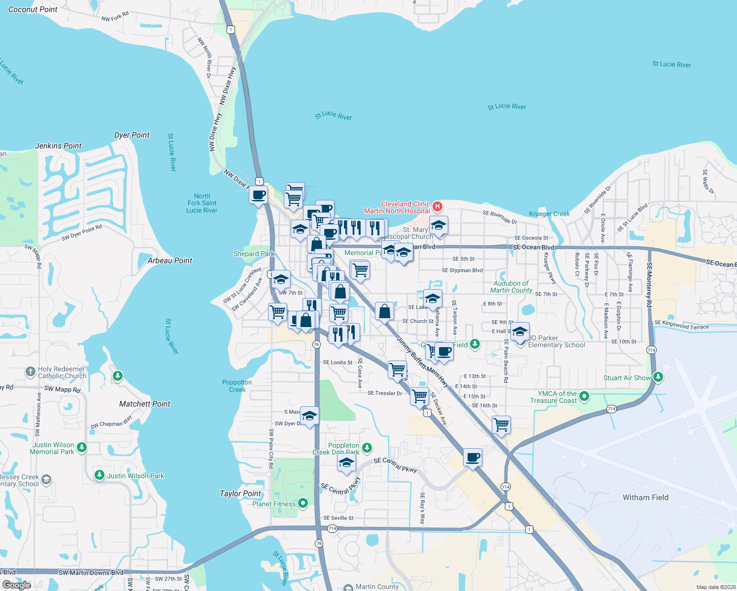 map of restaurants, bars, coffee shops, grocery stores, and more near 304 Southeast Martin Luther King Junior Boulevard in Stuart