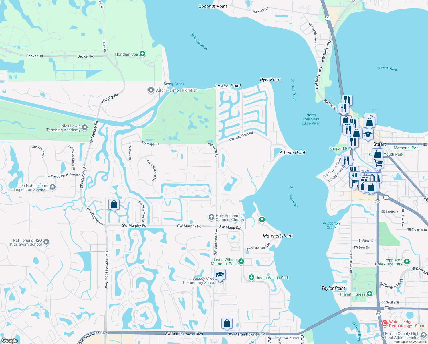 map of restaurants, bars, coffee shops, grocery stores, and more near 1801 Southwest Hunters Club Way in Palm City