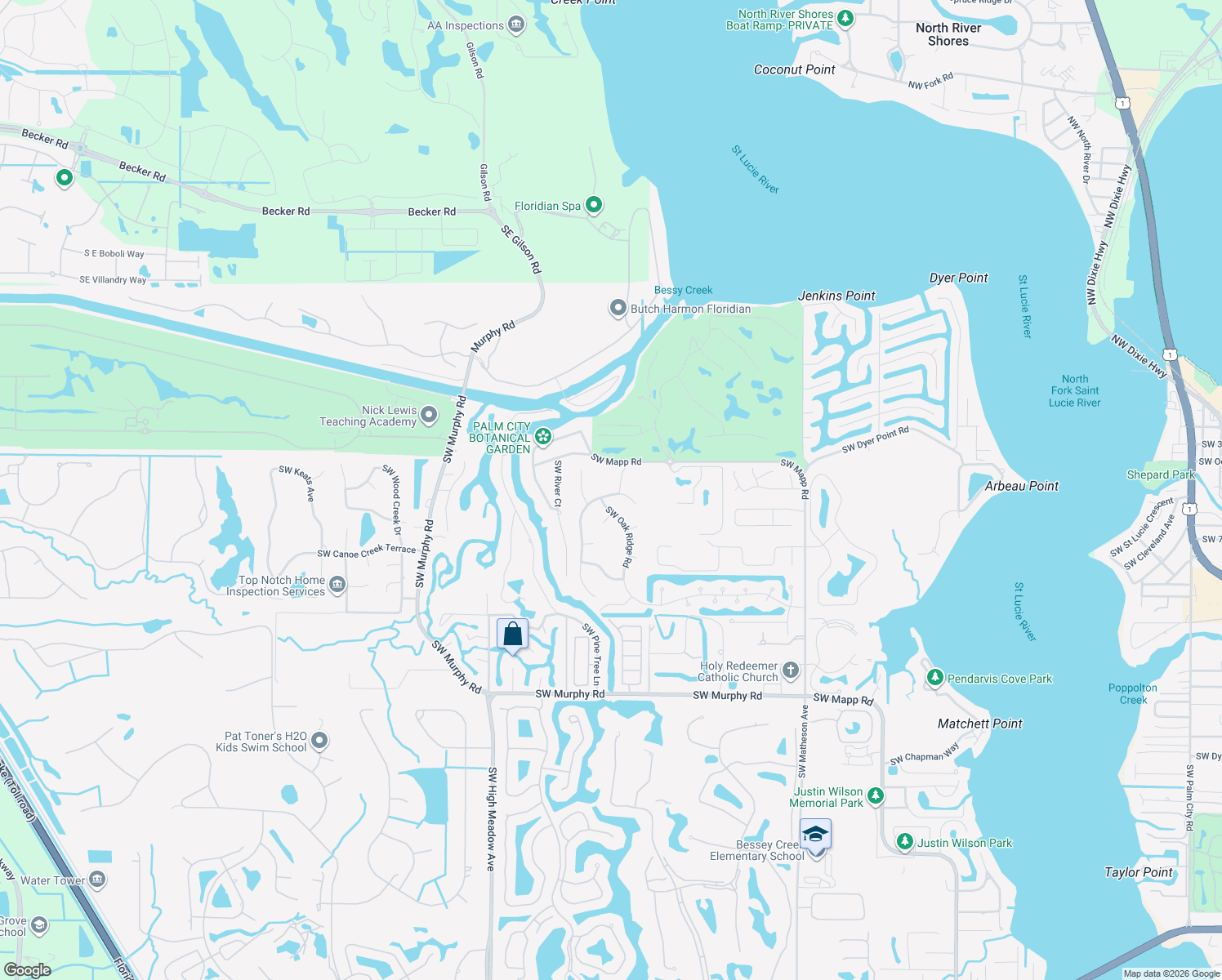 map of restaurants, bars, coffee shops, grocery stores, and more near 750 Southwest Whisper Ridge Trail in Palm City