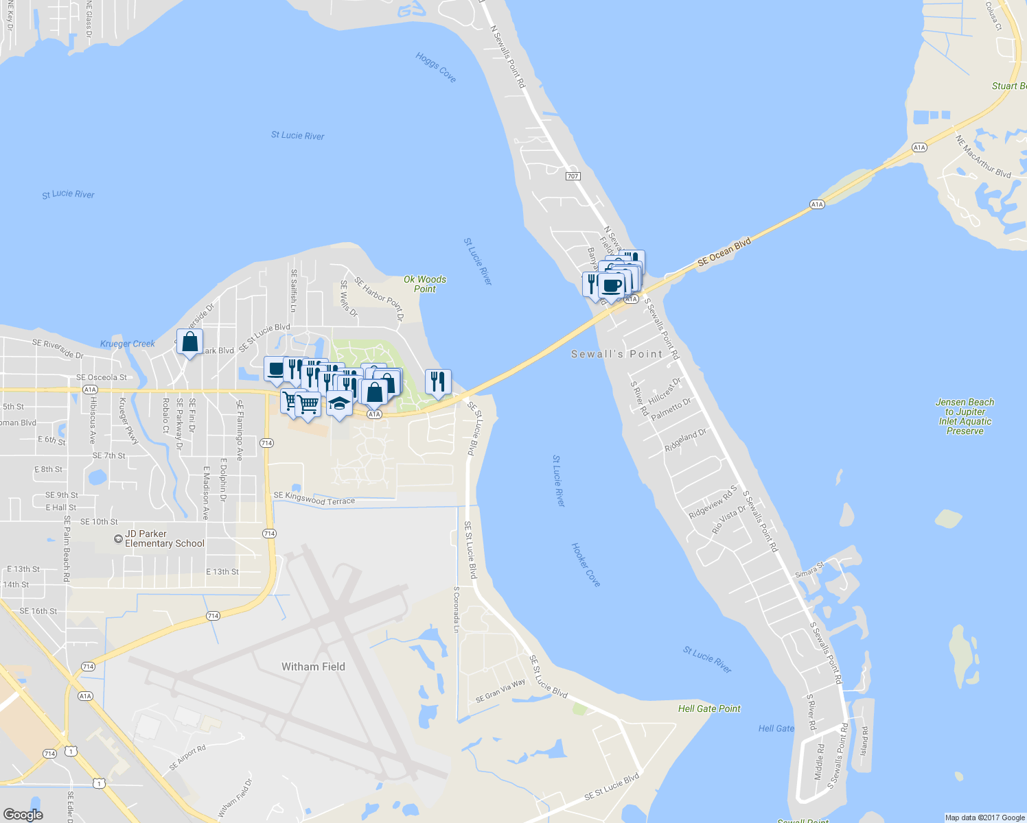 map of restaurants, bars, coffee shops, grocery stores, and more near 3601 Southeast Ocean Boulevard in Sewall's Point