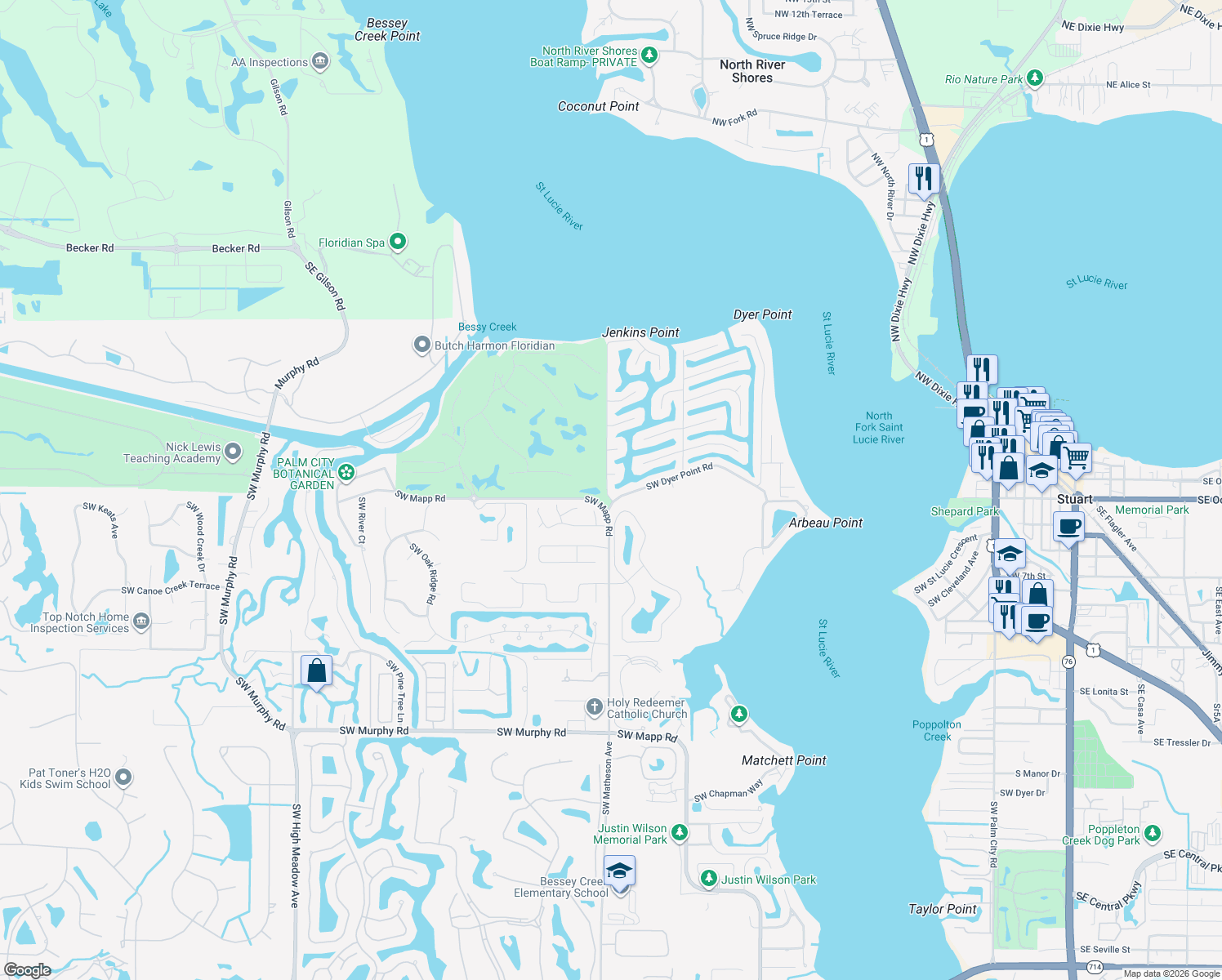 map of restaurants, bars, coffee shops, grocery stores, and more near 577 Southwest Riverway Boulevard in Palm City