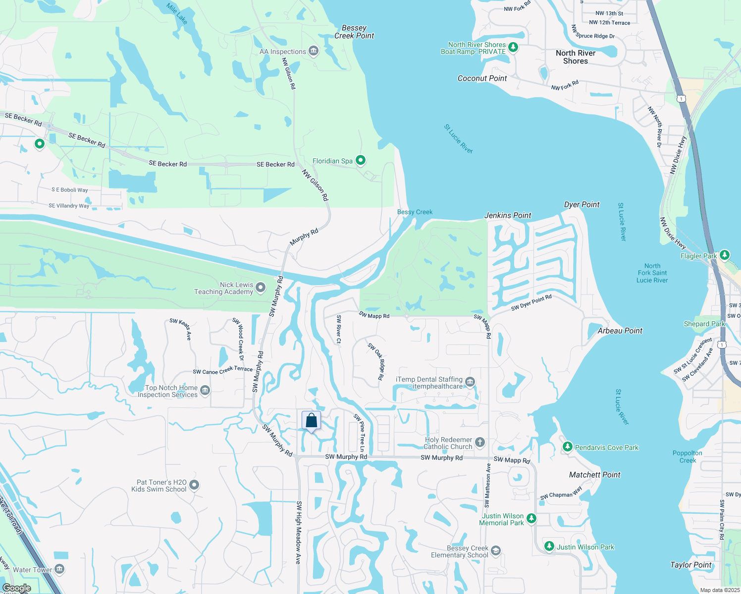 map of restaurants, bars, coffee shops, grocery stores, and more near 2555 Southwest Bridgeview Terrace in Palm City