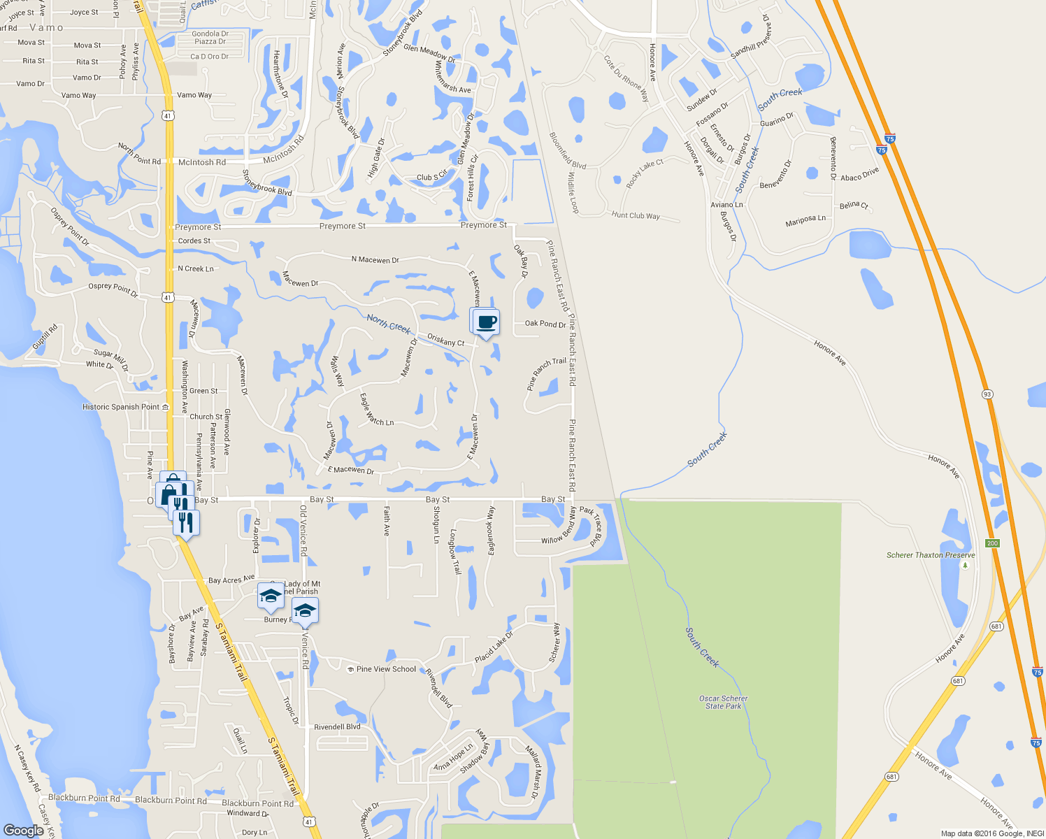 map of restaurants, bars, coffee shops, grocery stores, and more near 280 Pine Ranch Trail in Osprey