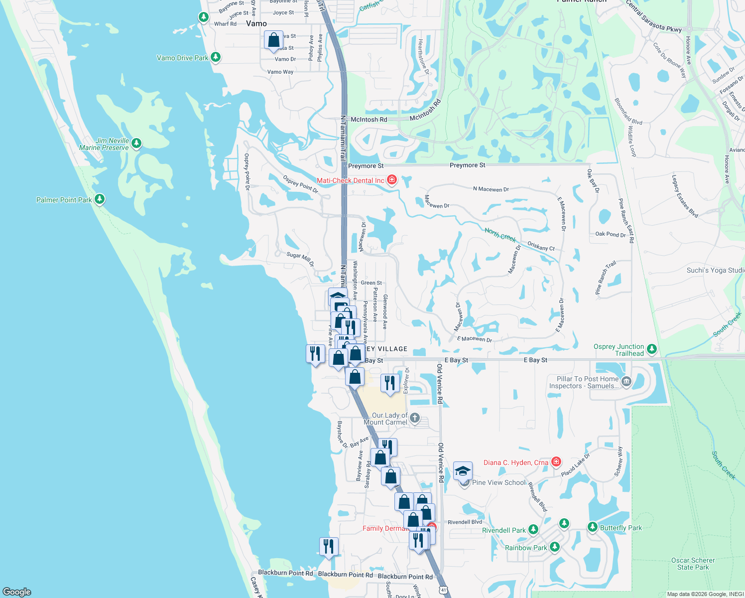map of restaurants, bars, coffee shops, grocery stores, and more near 115 Church Street in Osprey