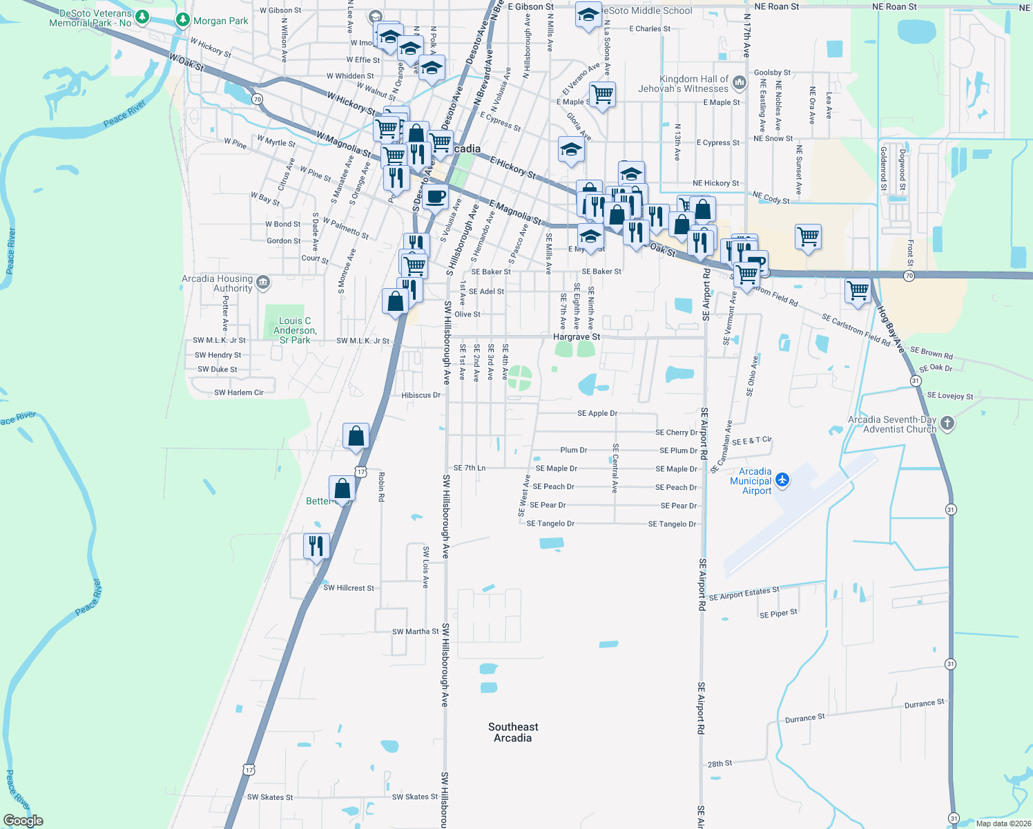 map of restaurants, bars, coffee shops, grocery stores, and more near 1272 Southeast Plaza Drive in Arcadia