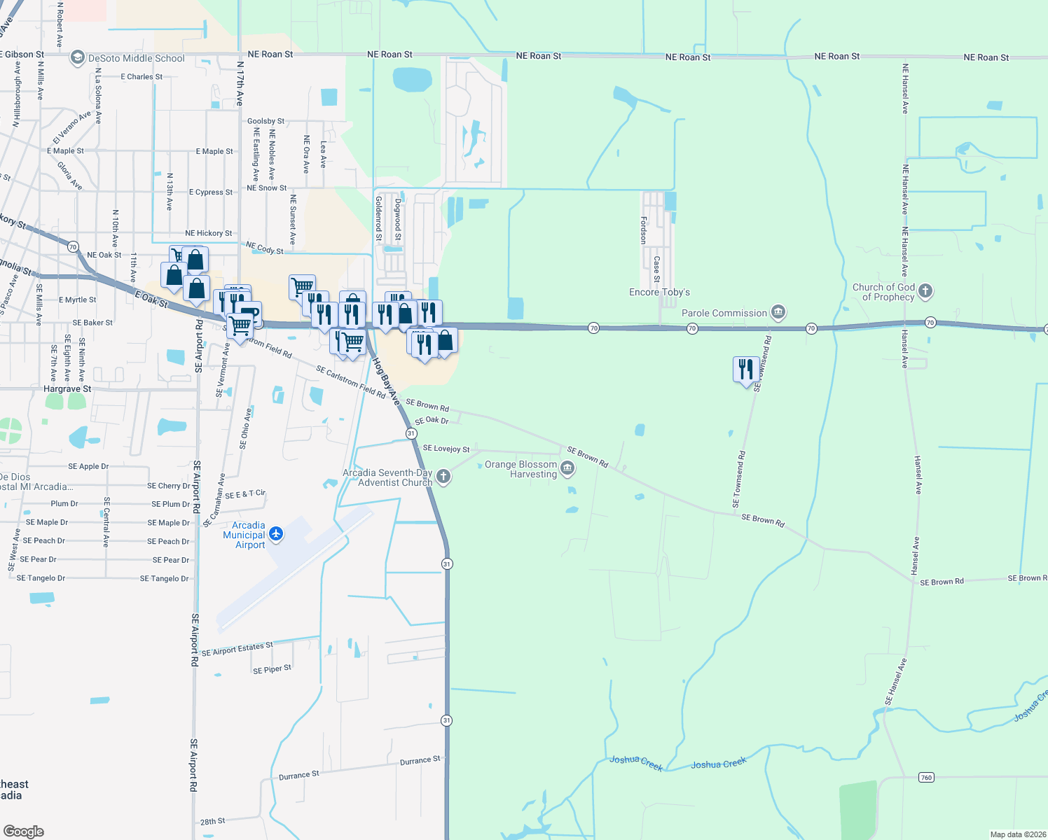 map of restaurants, bars, coffee shops, grocery stores, and more near 3172 Southeast Brown Road in Arcadia