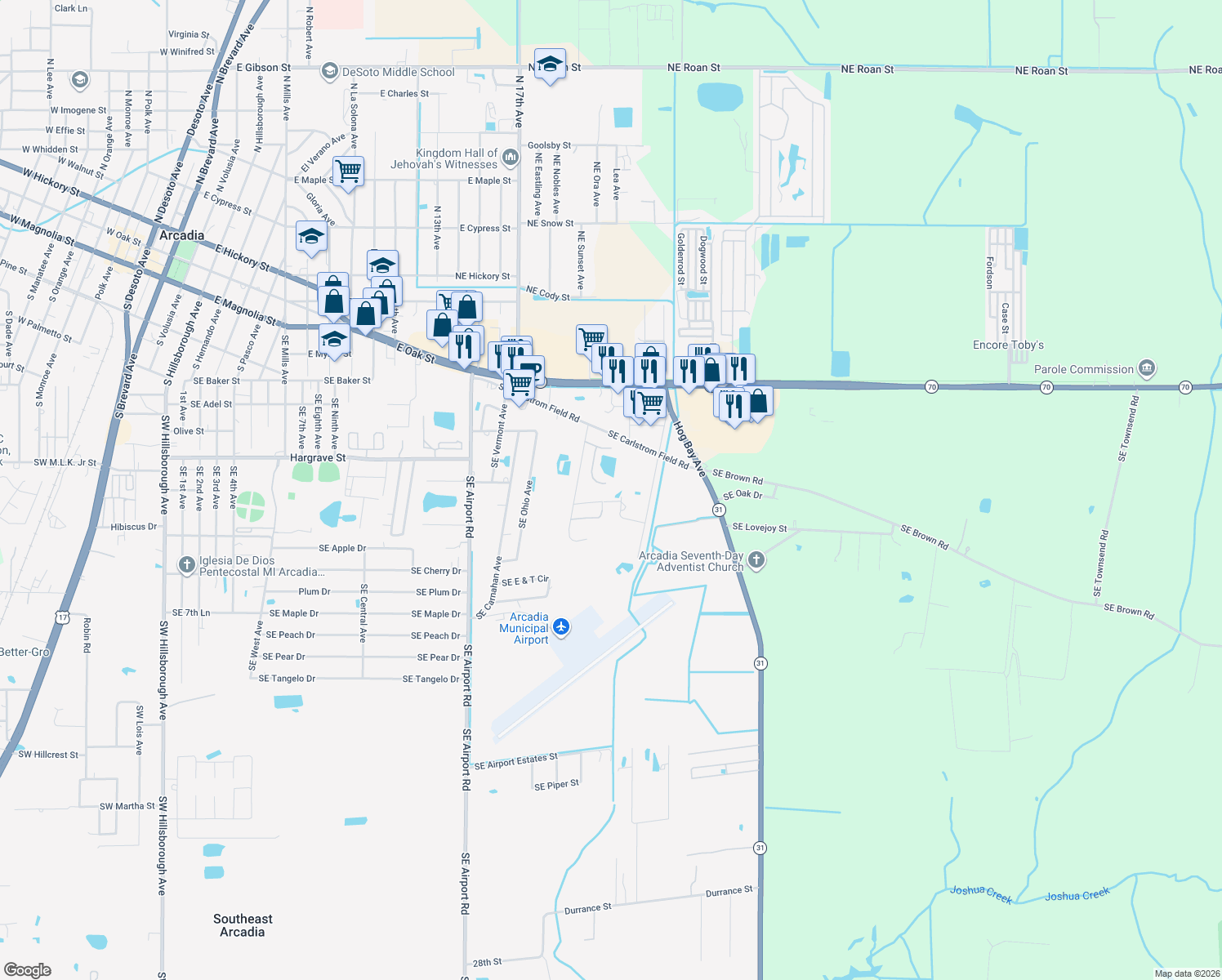 map of restaurants, bars, coffee shops, grocery stores, and more near 1381 Southeast Lake Road in Arcadia