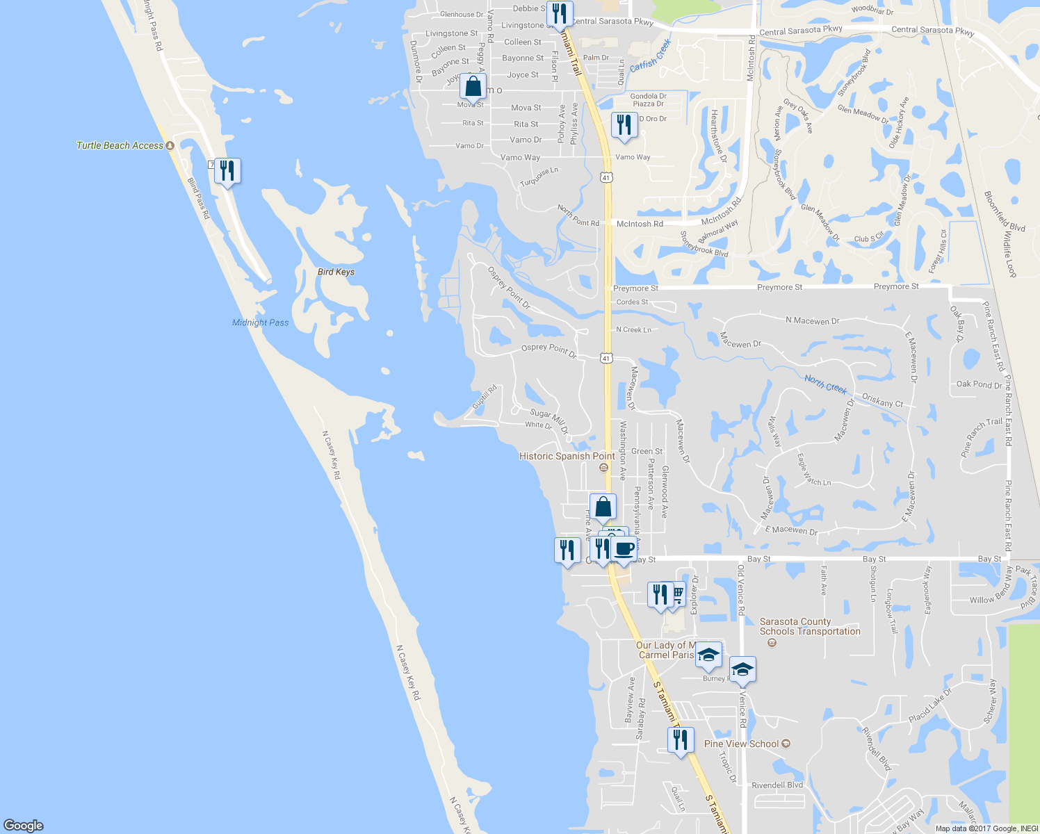 map of restaurants, bars, coffee shops, grocery stores, and more near 310 Banana Patch Court in Osprey
