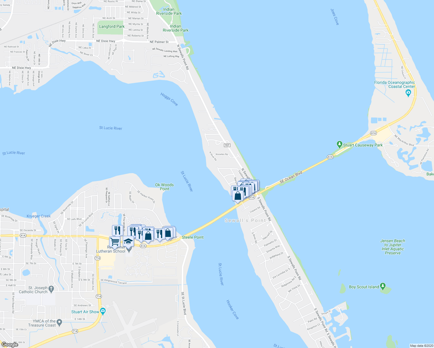 map of restaurants, bars, coffee shops, grocery stores, and more near 33 North River Road in Stuart
