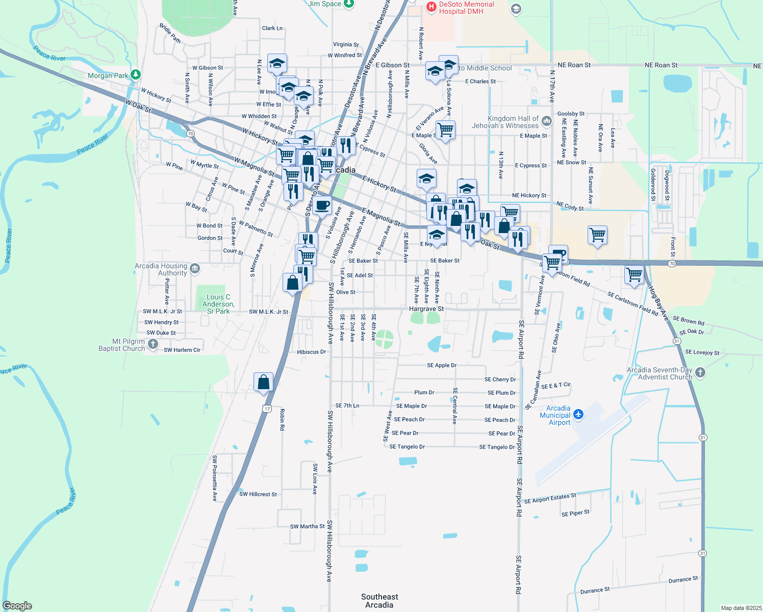 map of restaurants, bars, coffee shops, grocery stores, and more near 1270 Hargrave Street in Arcadia