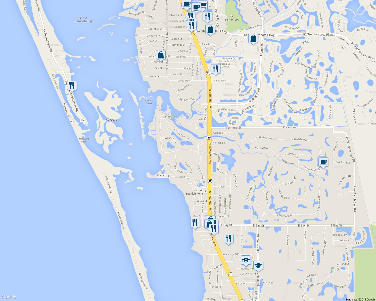 map of restaurants, bars, coffee shops, grocery stores, and more near 54 Osprey Point Drive in Osprey