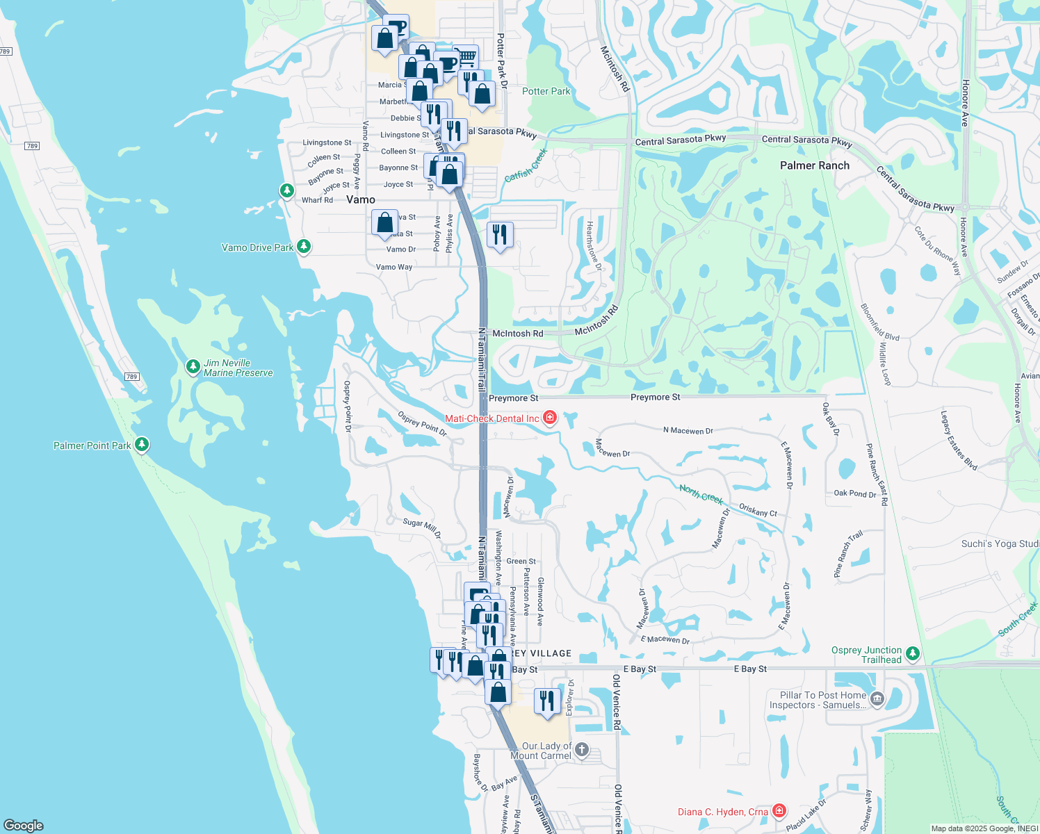 map of restaurants, bars, coffee shops, grocery stores, and more near 2046 Cordes Street in Osprey