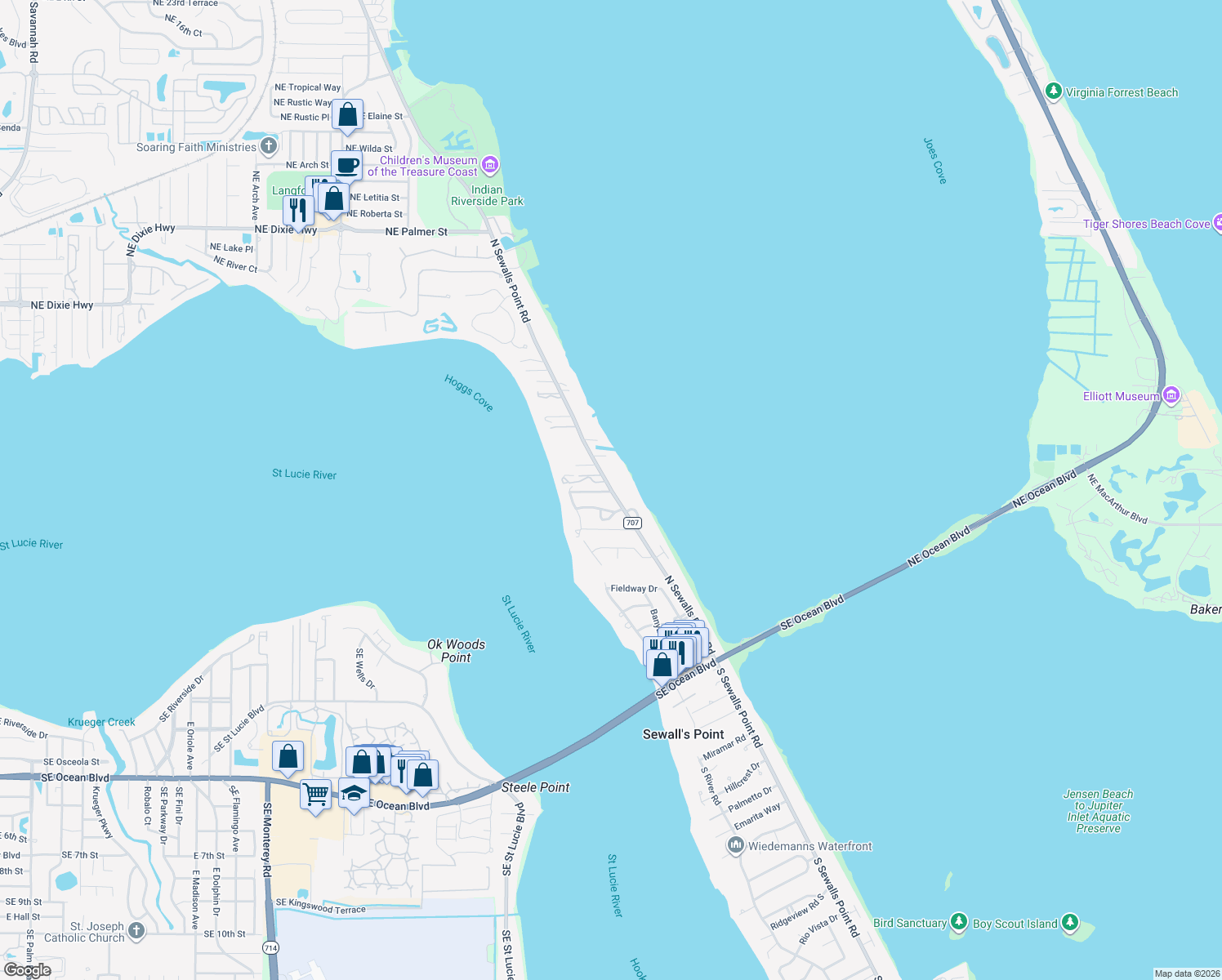 map of restaurants, bars, coffee shops, grocery stores, and more near 70 North Sewalls Point Road in Sewall's Point
