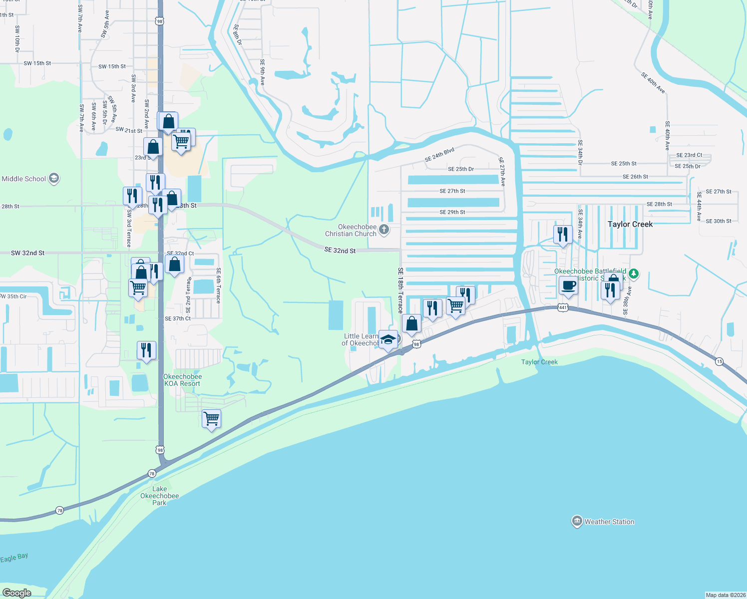 map of restaurants, bars, coffee shops, grocery stores, and more near 1801 Us Highway 441 Southeast in Okeechobee