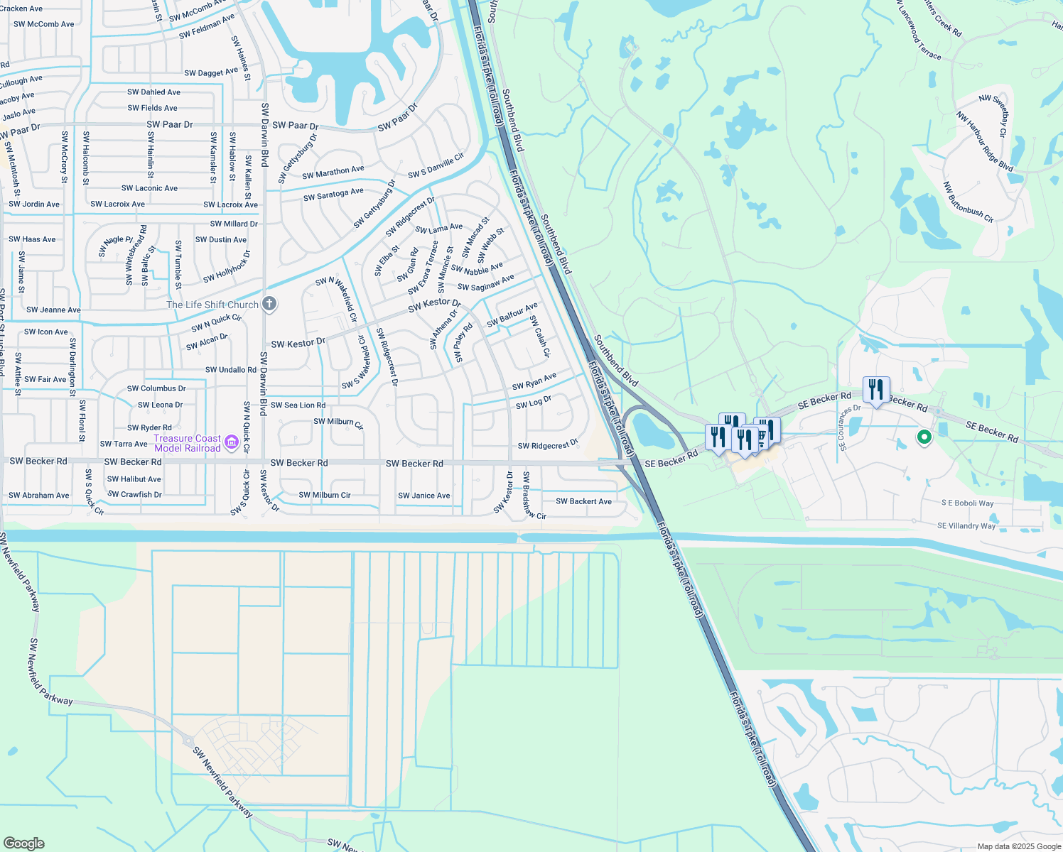 map of restaurants, bars, coffee shops, grocery stores, and more near 462 Southwest Log Drive in Port St. Lucie