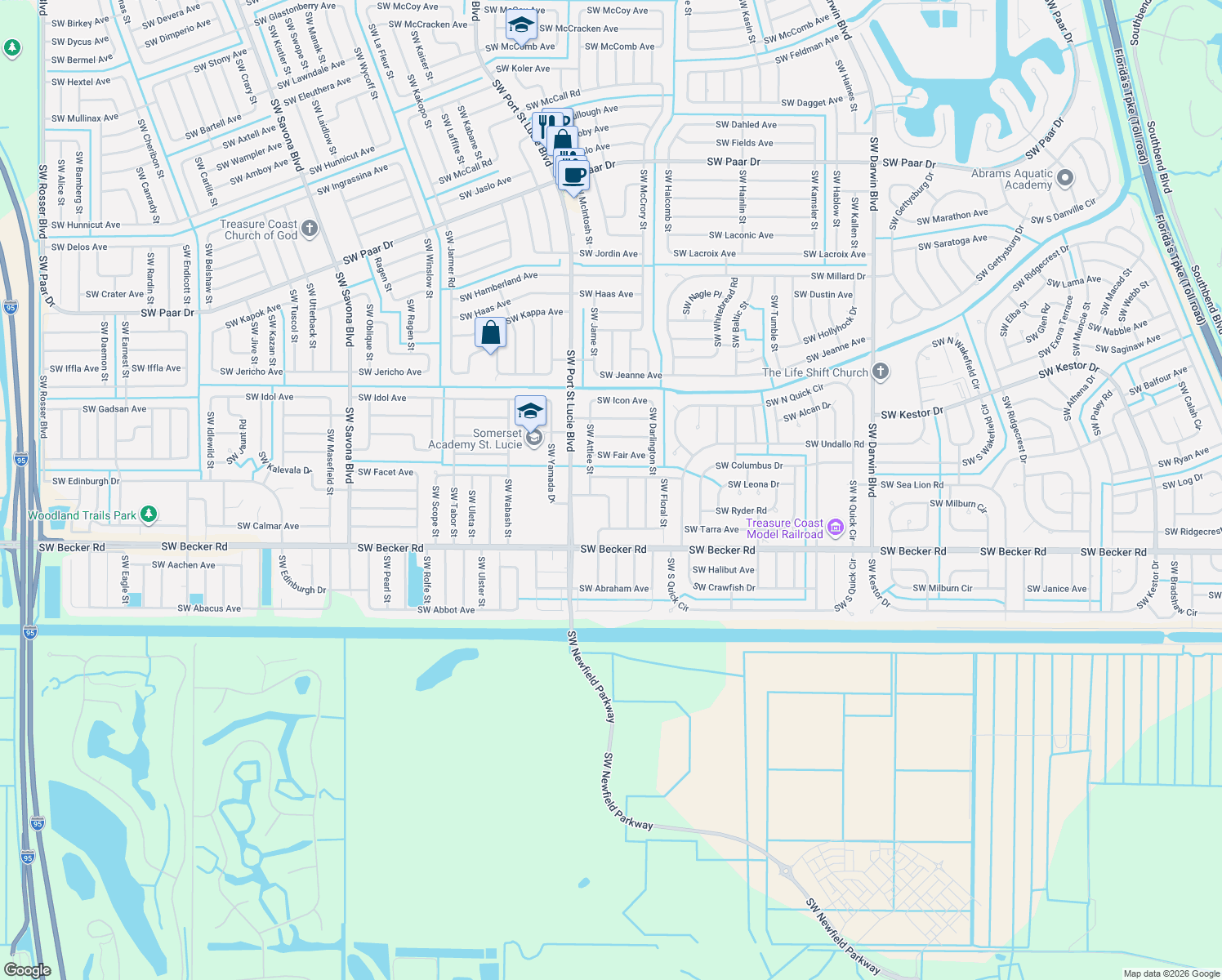 map of restaurants, bars, coffee shops, grocery stores, and more near 755 SW Babbit Dr in Port St Lucie