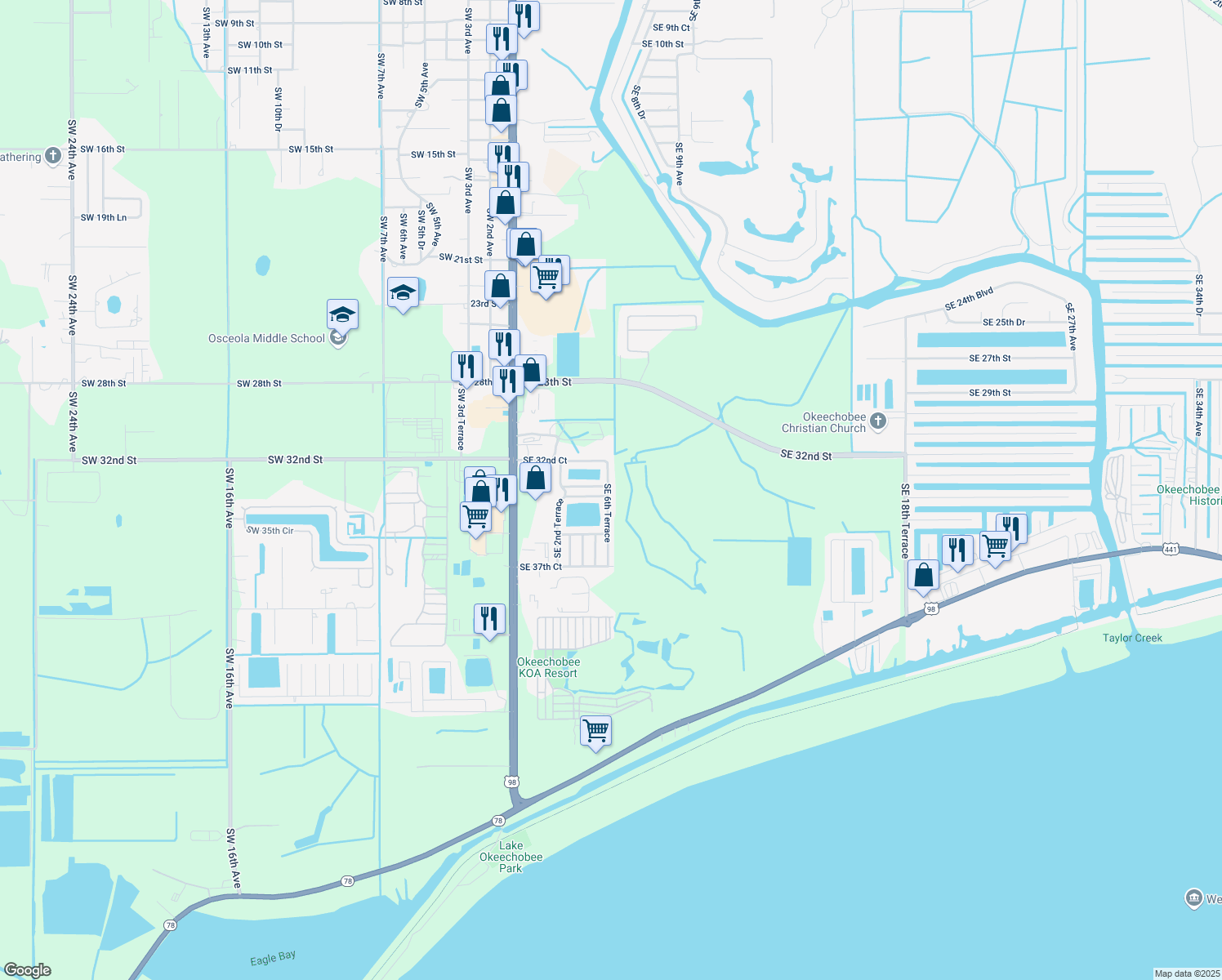 map of restaurants, bars, coffee shops, grocery stores, and more near 3370 Southeast 6th Terrace in Okeechobee