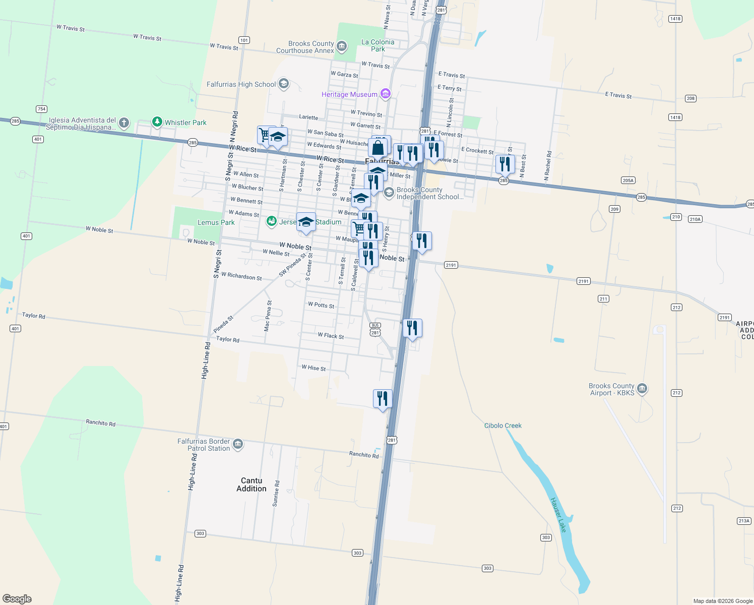 map of restaurants, bars, coffee shops, grocery stores, and more near 116 East Texas Avenue in Falfurrias