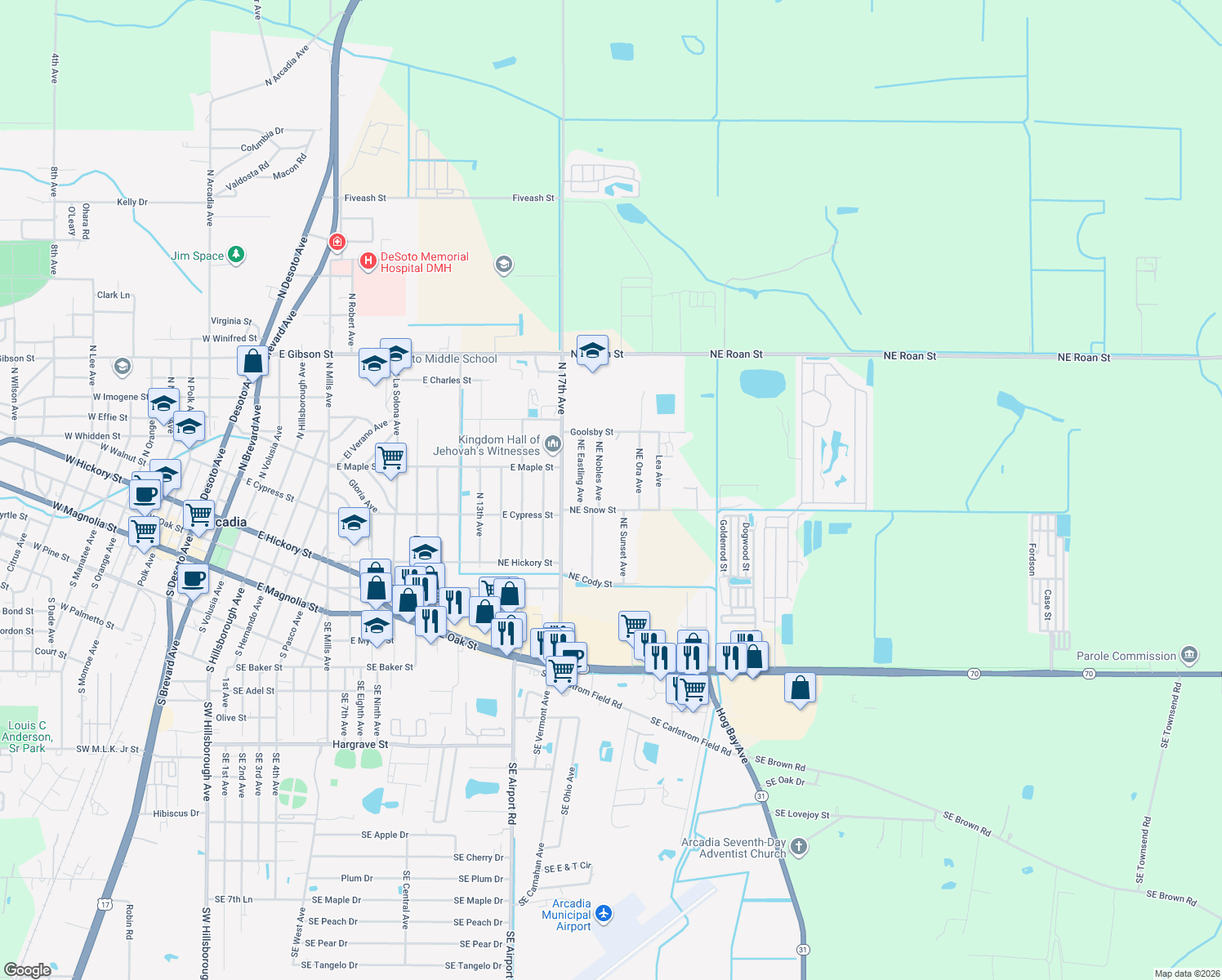 map of restaurants, bars, coffee shops, grocery stores, and more near 2152 Northeast Snow Street in Arcadia