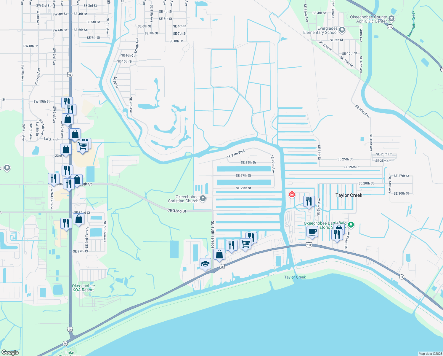 map of restaurants, bars, coffee shops, grocery stores, and more near 2000 Southeast 27th Street in Okeechobee