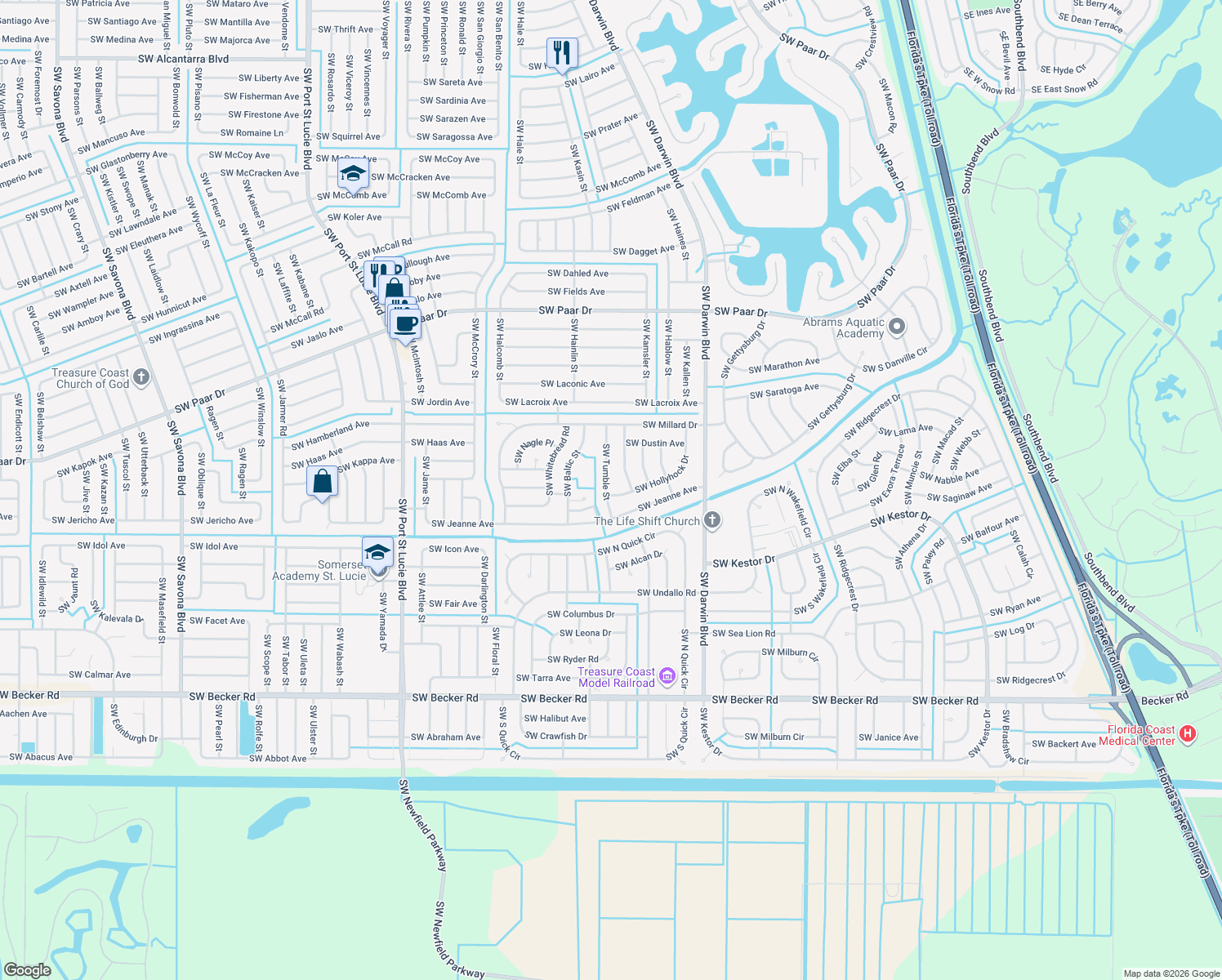 map of restaurants, bars, coffee shops, grocery stores, and more near 398 Southwest Hollyhock Drive in Port St. Lucie