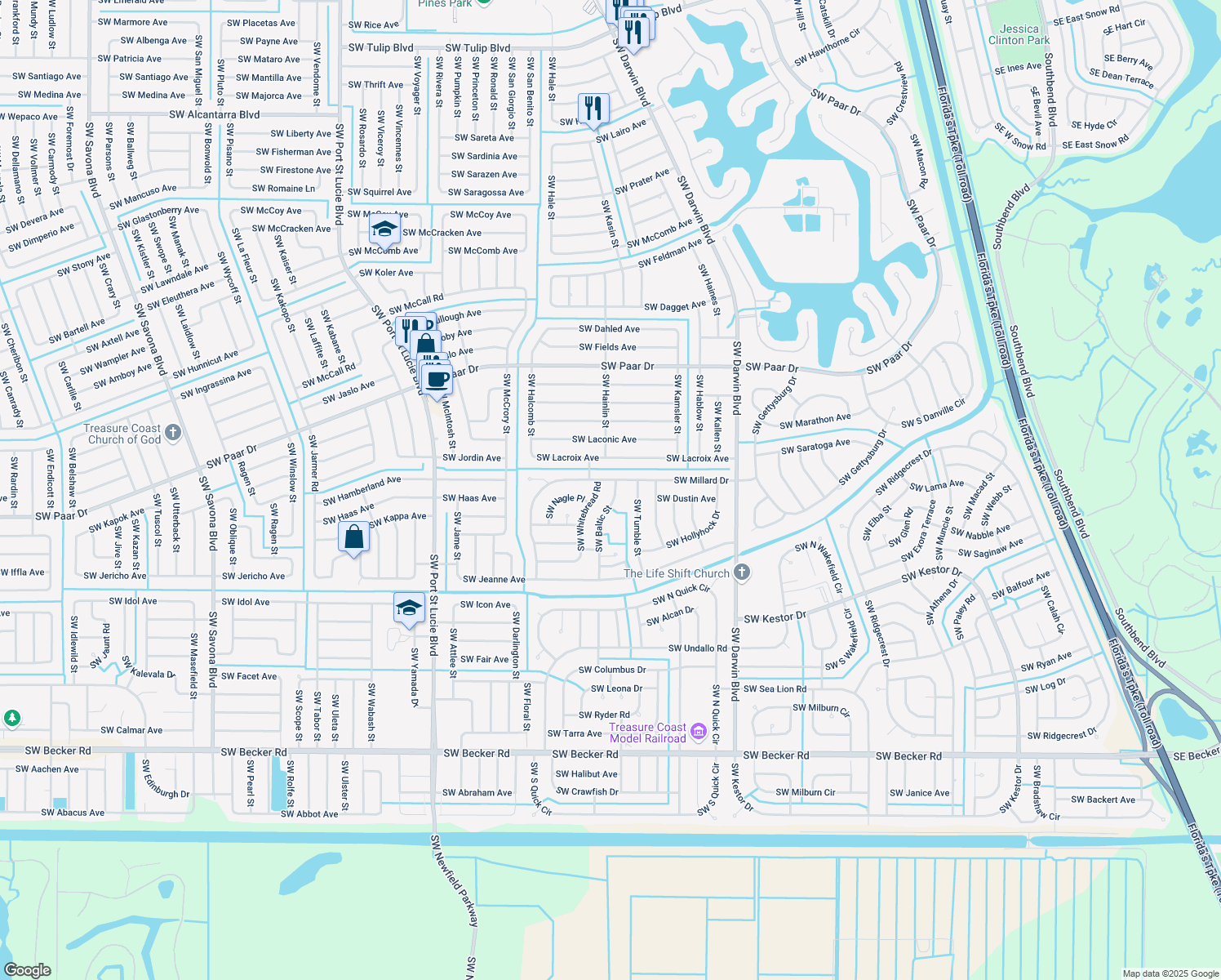 map of restaurants, bars, coffee shops, grocery stores, and more near 4112 SW Baltic St in Port St Lucie