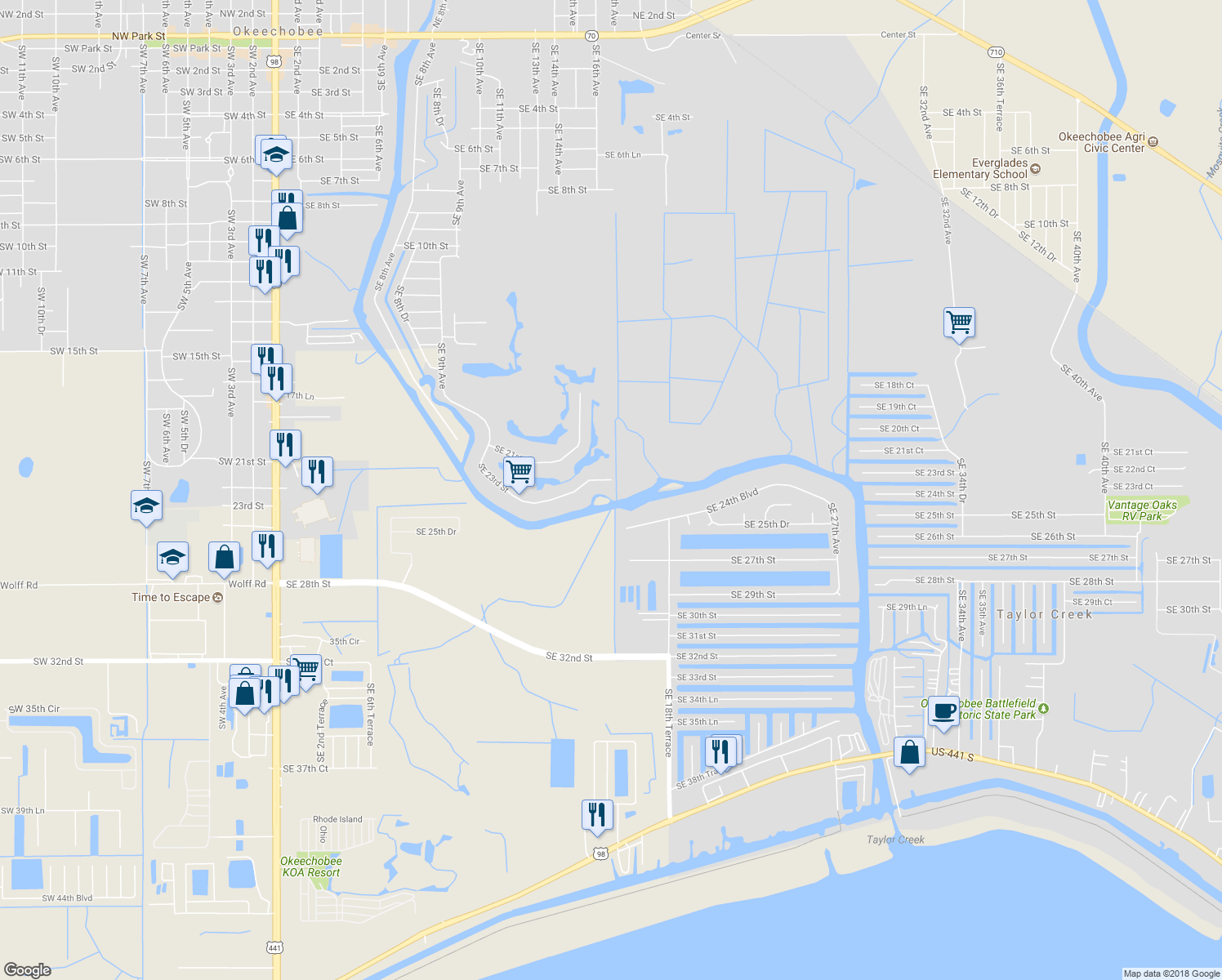 map of restaurants, bars, coffee shops, grocery stores, and more near 1560 Southeast 23rd Street in Okeechobee