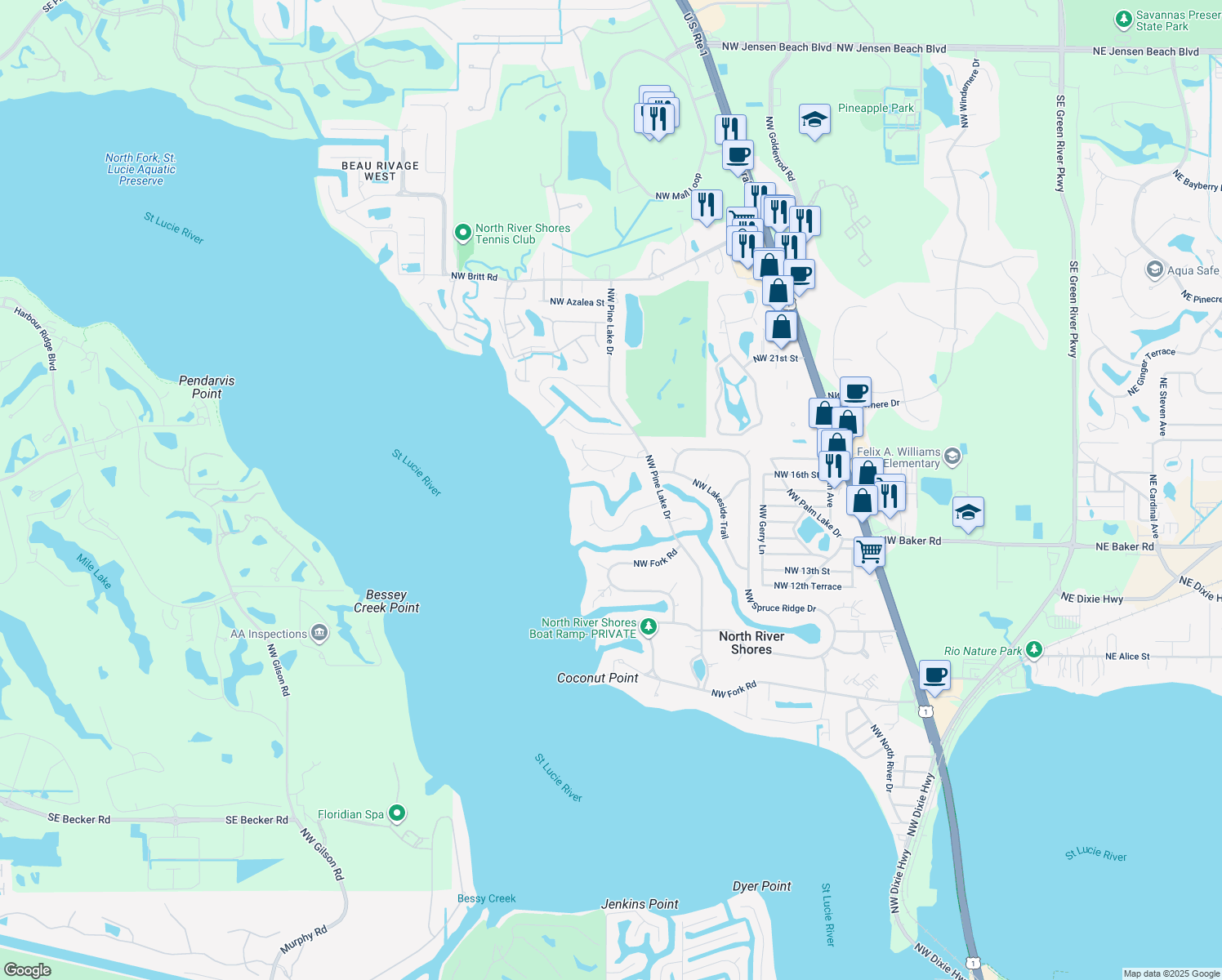 map of restaurants, bars, coffee shops, grocery stores, and more near 1616 Northwest Bay Tree Circle in Stuart
