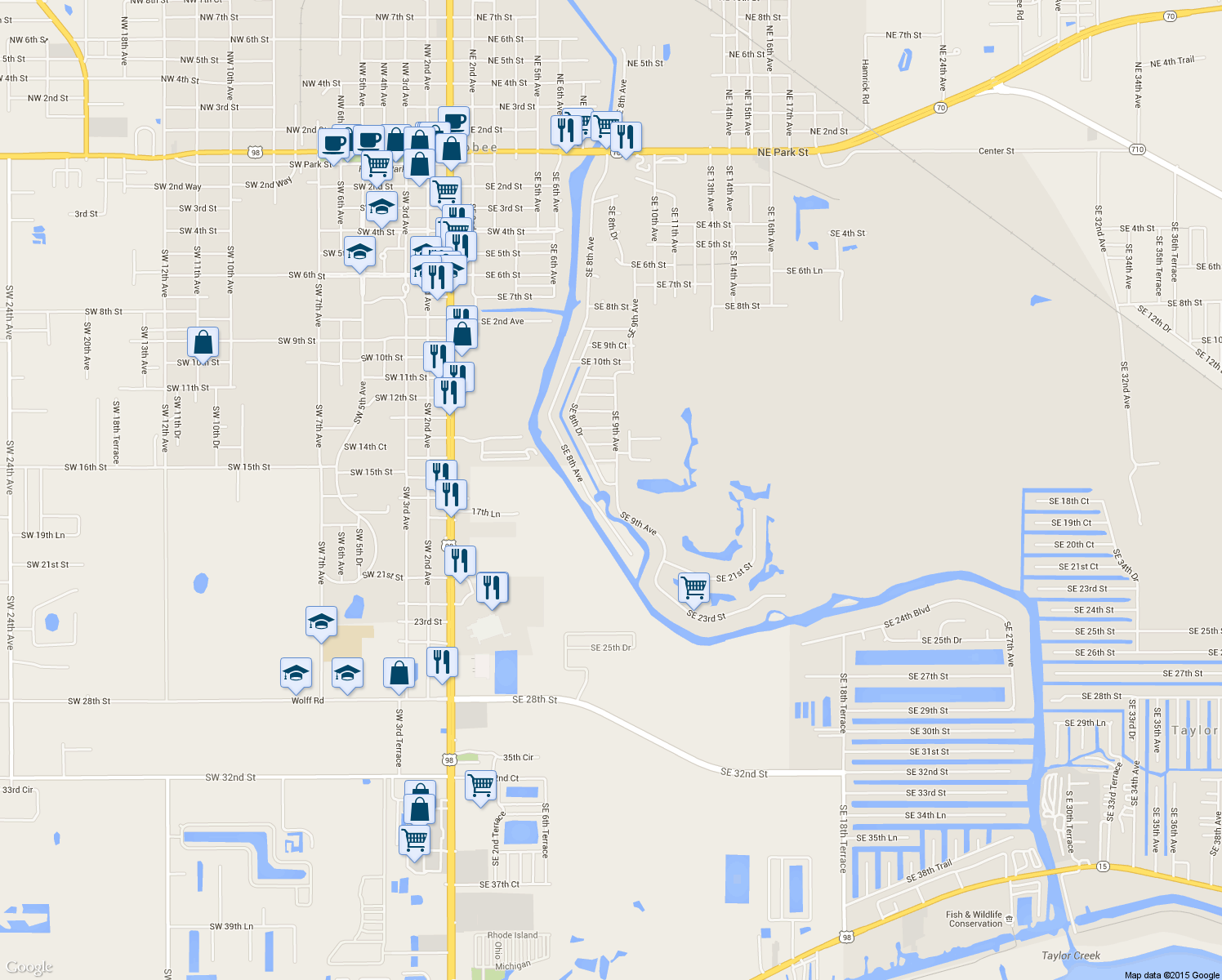 map of restaurants, bars, coffee shops, grocery stores, and more near 1600 SE 9th Ave in Okeechobee