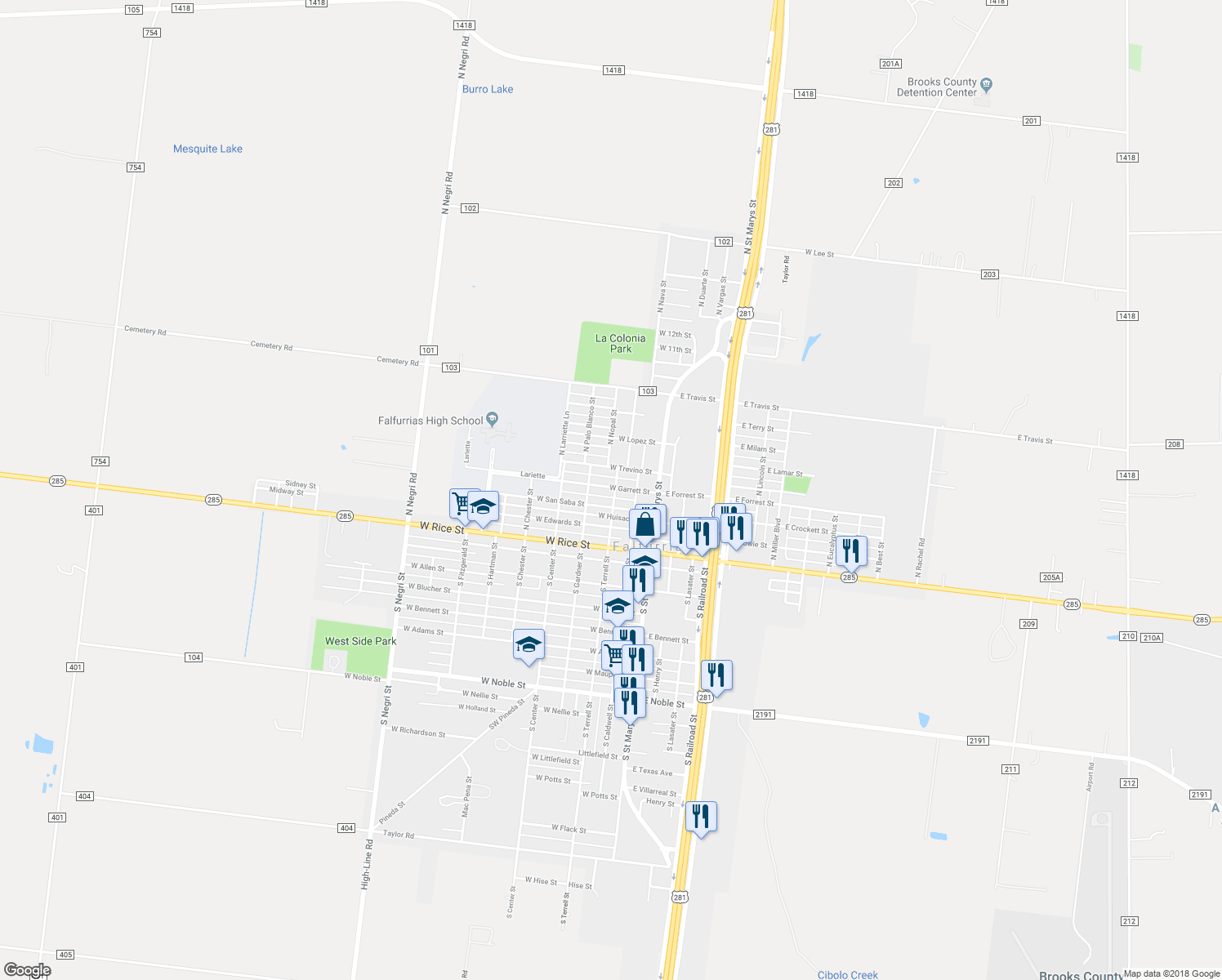 map of restaurants, bars, coffee shops, grocery stores, and more near 313 North Terrell Street in Falfurrias