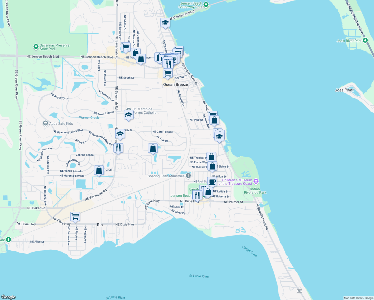 map of restaurants, bars, coffee shops, grocery stores, and more near 2141 Northeast 21st Avenue in Jensen Beach