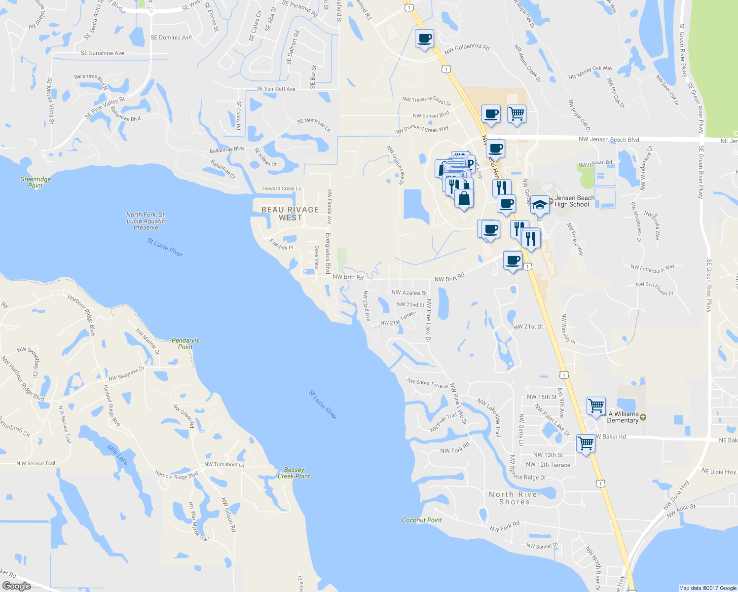 map of restaurants, bars, coffee shops, grocery stores, and more near 2104 Northwest 22nd Avenue in Stuart