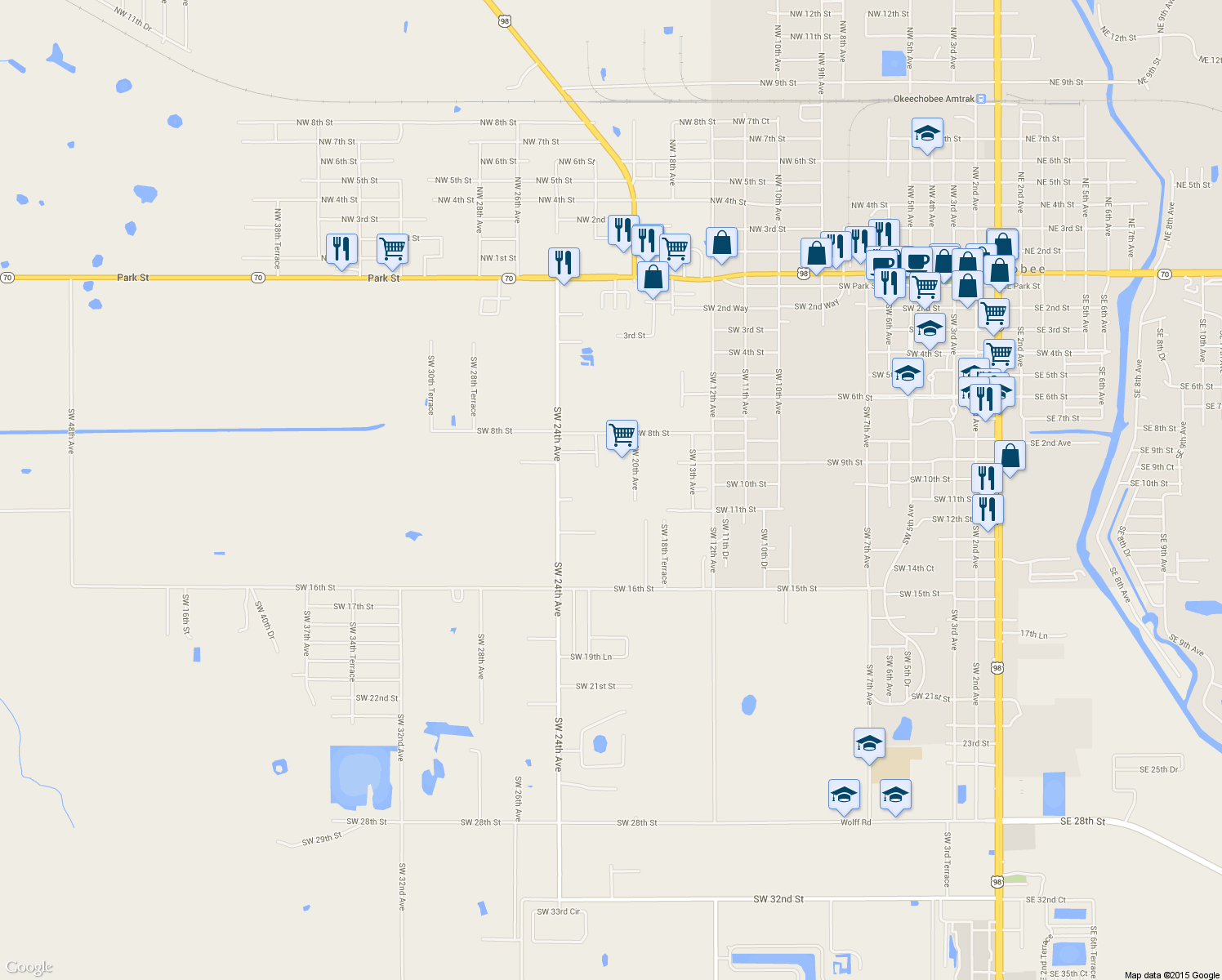 map of restaurants, bars, coffee shops, grocery stores, and more near 1001 Southwest 22nd Avenue in Okeechobee