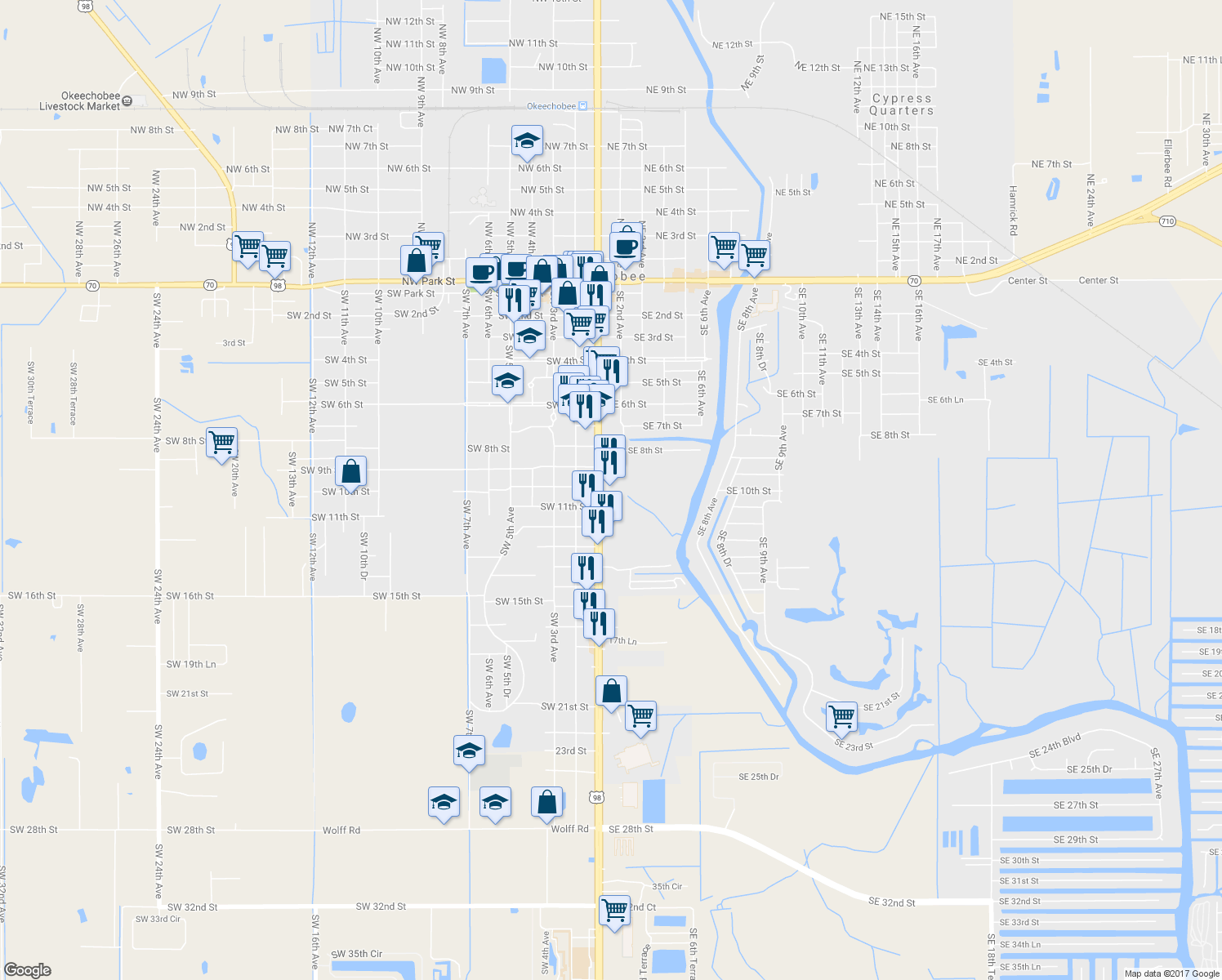 map of restaurants, bars, coffee shops, grocery stores, and more near 1001 South Parrott Avenue in Okeechobee