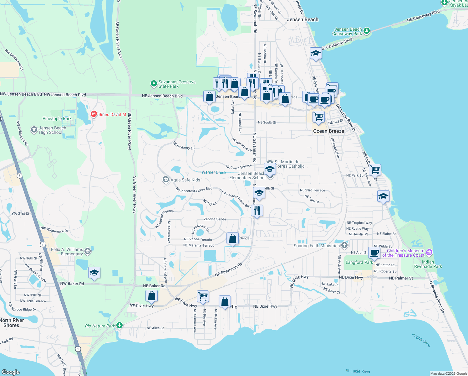 map of restaurants, bars, coffee shops, grocery stores, and more near 3094 Northeast Loquat Lane in Jensen Beach